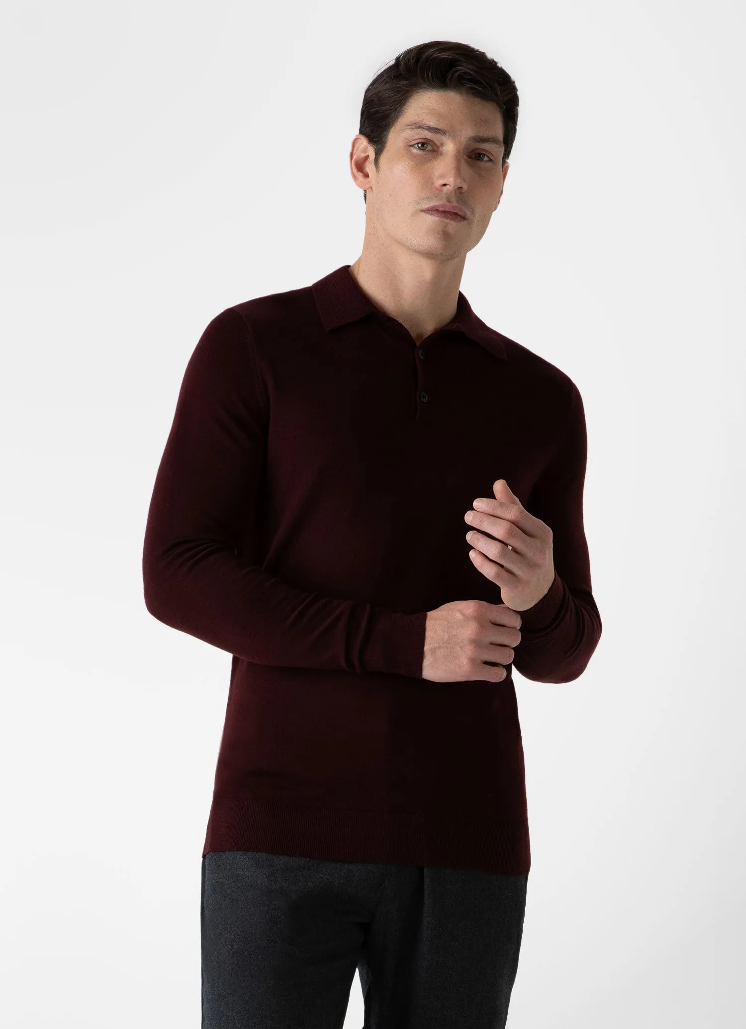 Men's Extra-Fine Merino Polo Shirt in Maroon sold by Sunspel product image thumbnail 2