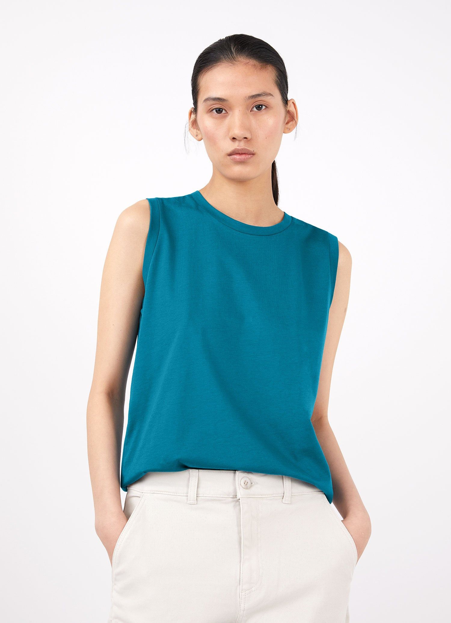 Women's Boy Fit Tank in Lagoon Blue sold by Sunspel