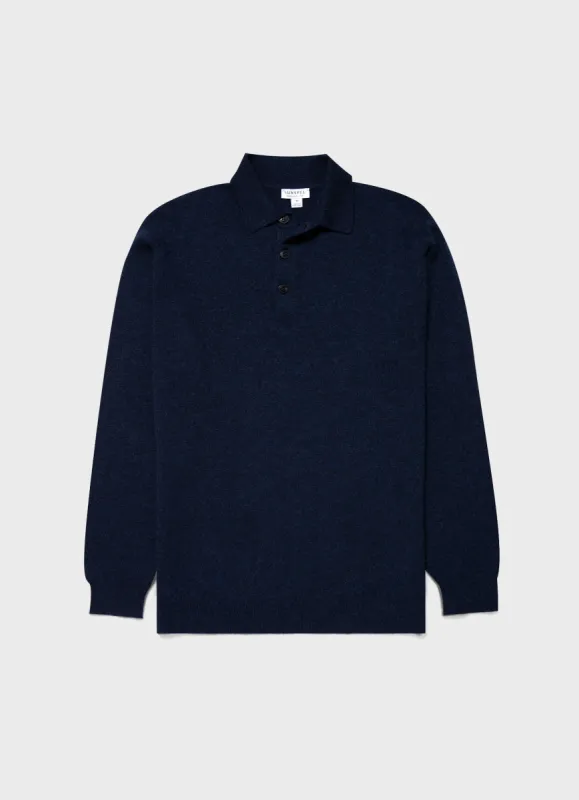 Men's Cashmere Polo Shirt in Navy Melange sold by Sunspel