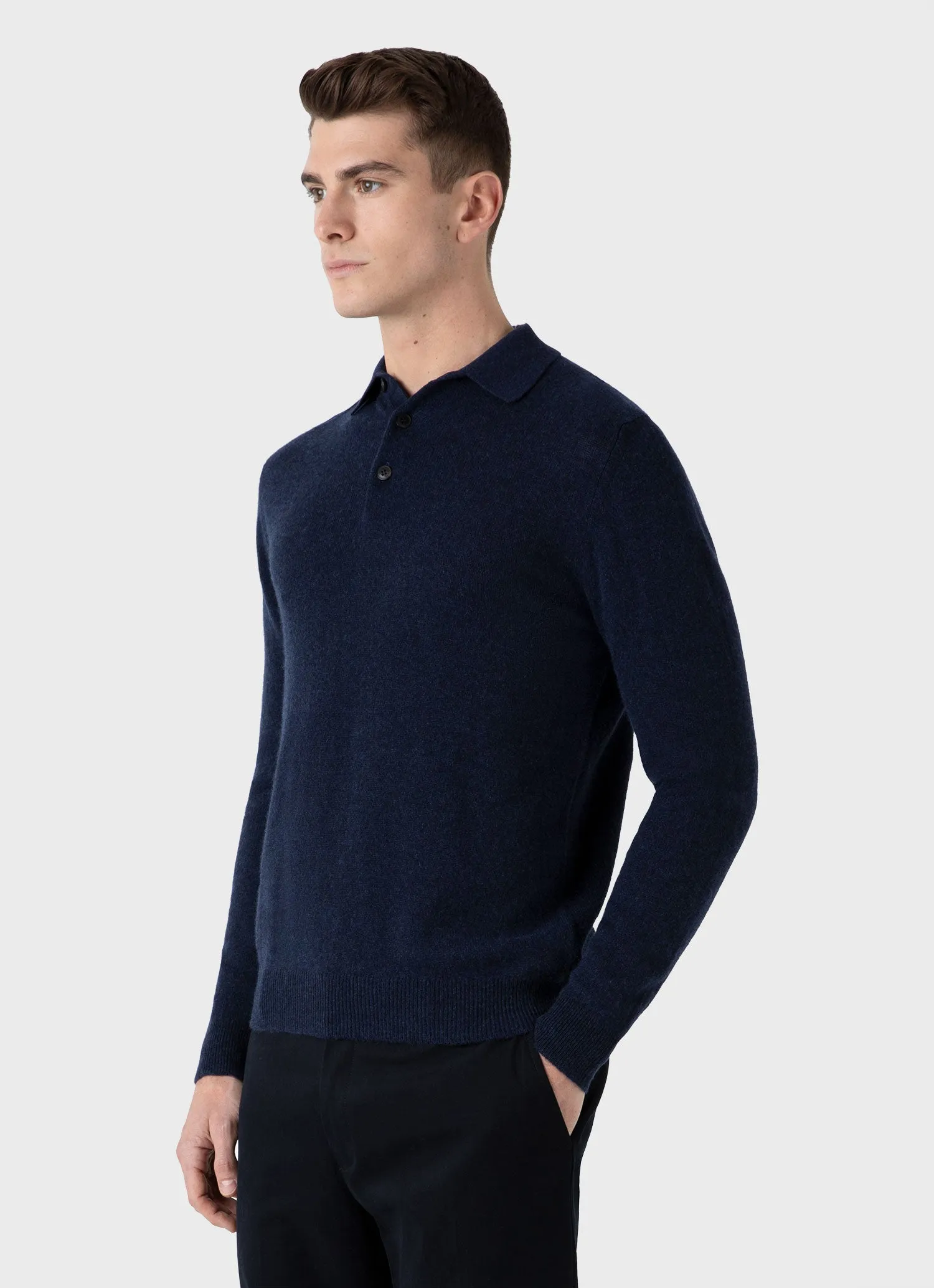 Men's Cashmere Polo Shirt in Navy Melange sold by Sunspel product image thumbnail 2