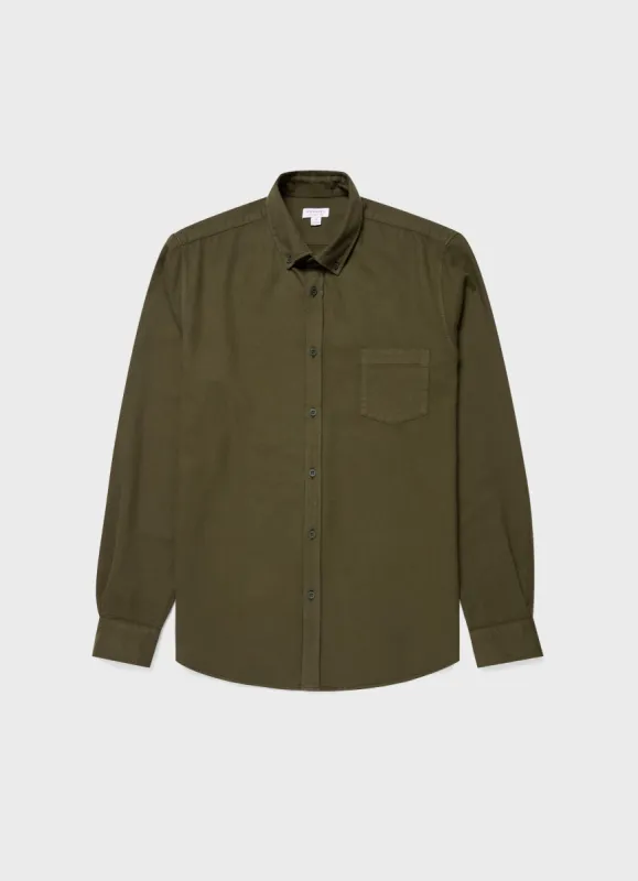 Men's Button Down Flannel Shirt in Dark Olive made by Sunspel