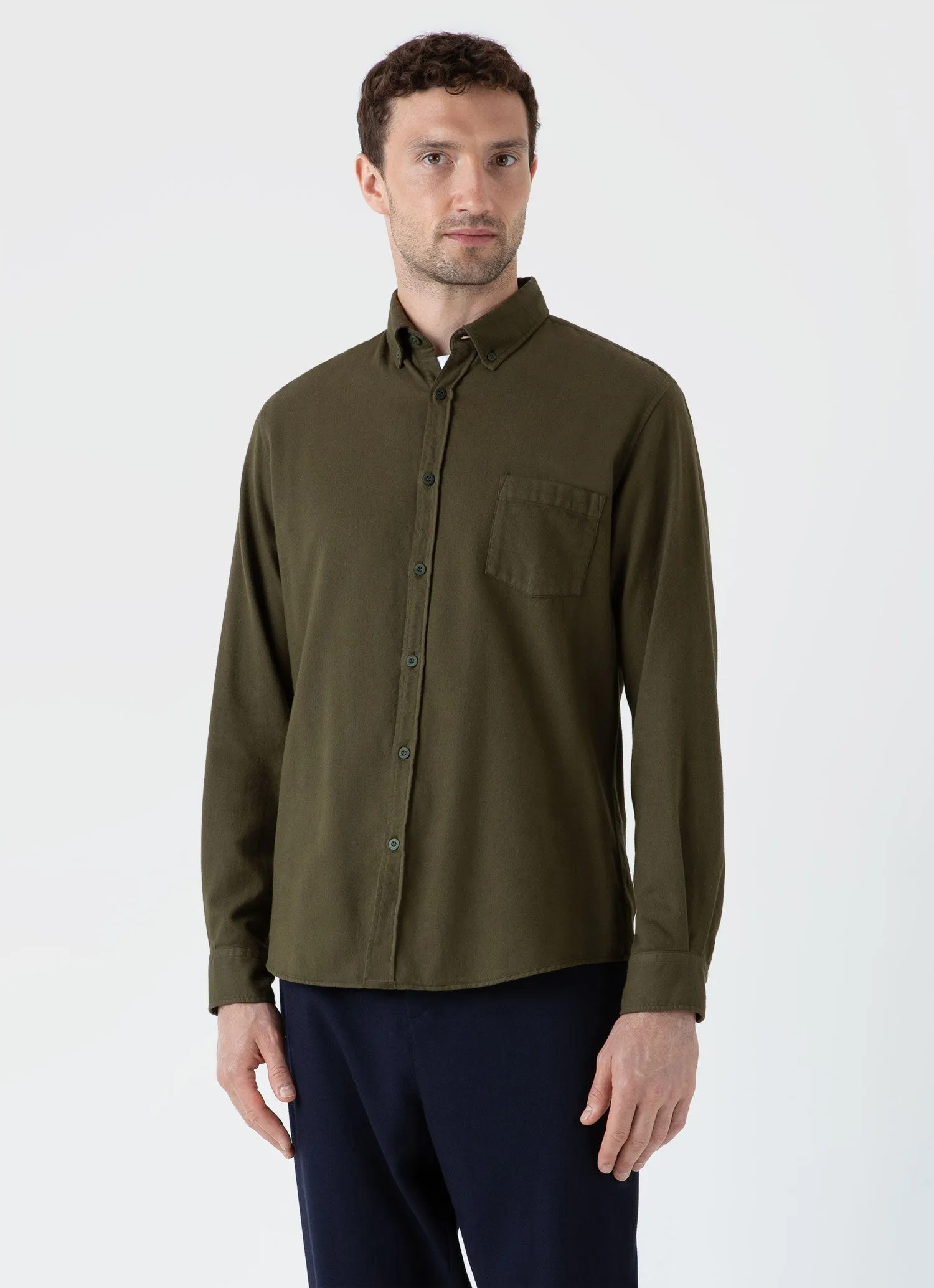 Men's Button Down Flannel Shirt in Dark Olive sold by Sunspel product image thumbnail 2