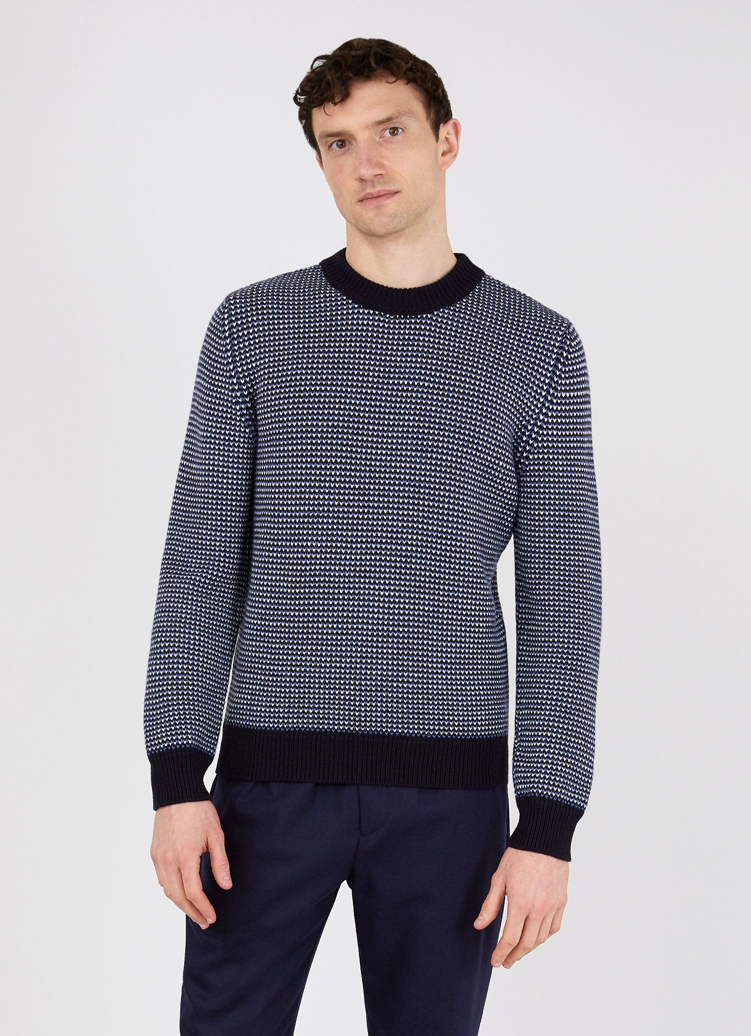 Men's Merino Fisherman Knit Jumper in Navy/Mid Blue/Ecru sold by Sunspel product image thumbnail 2