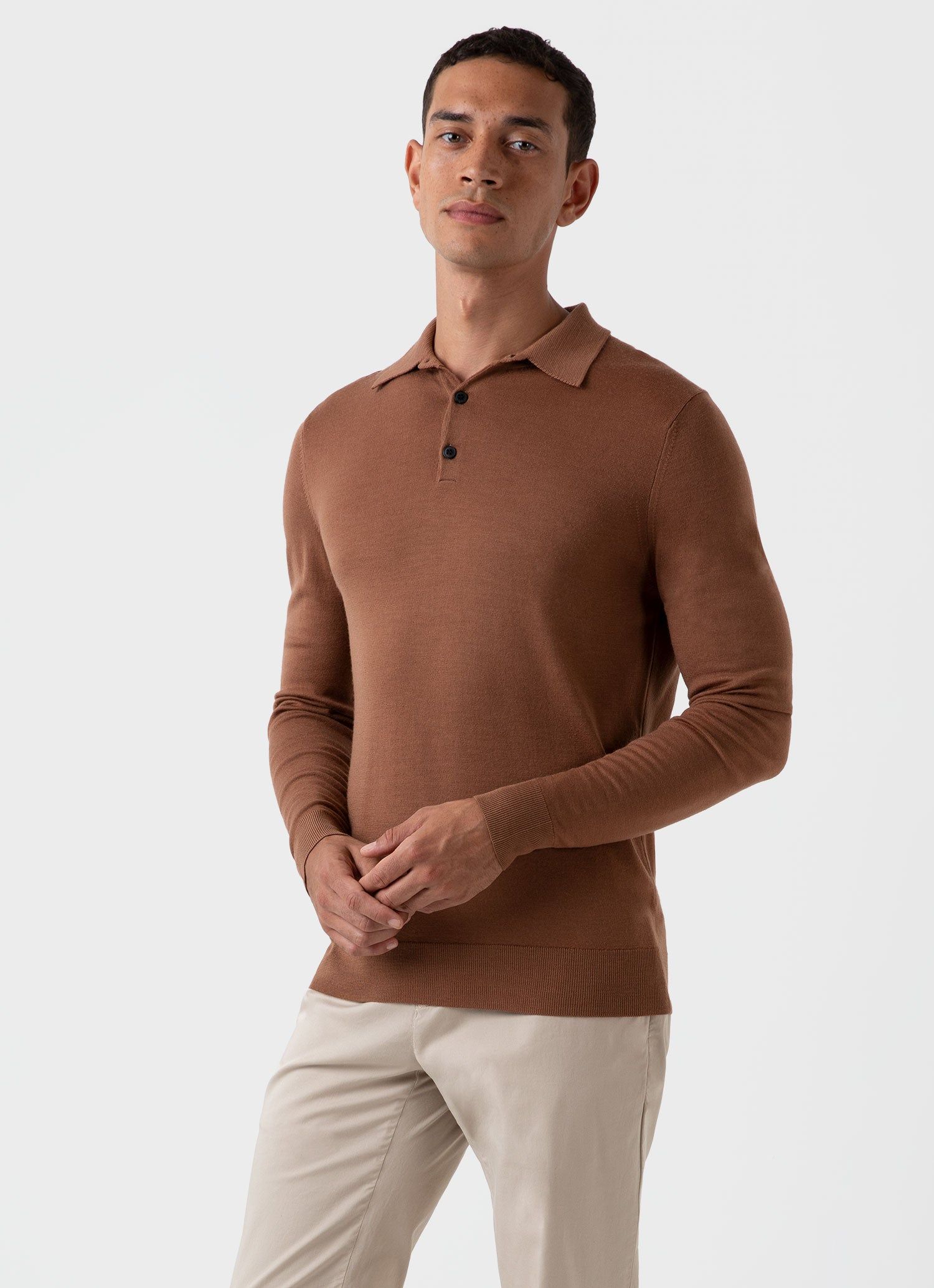 Men's Extra-Fine Merino Polo Shirt in Pecan sold by Sunspel product image thumbnail 2