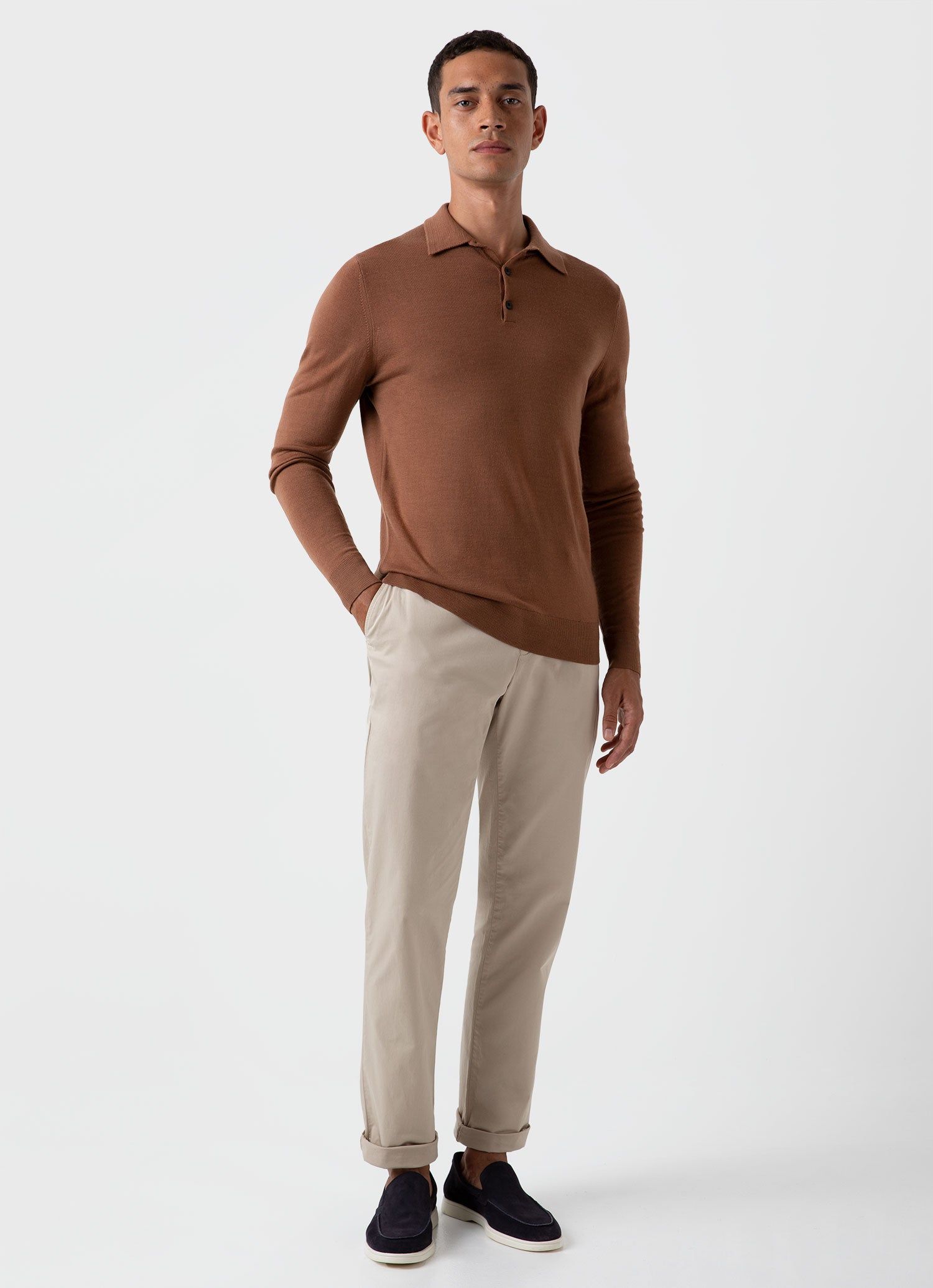 Men's Extra-Fine Merino Polo Shirt in Pecan sold by Sunspel product image thumbnail 3