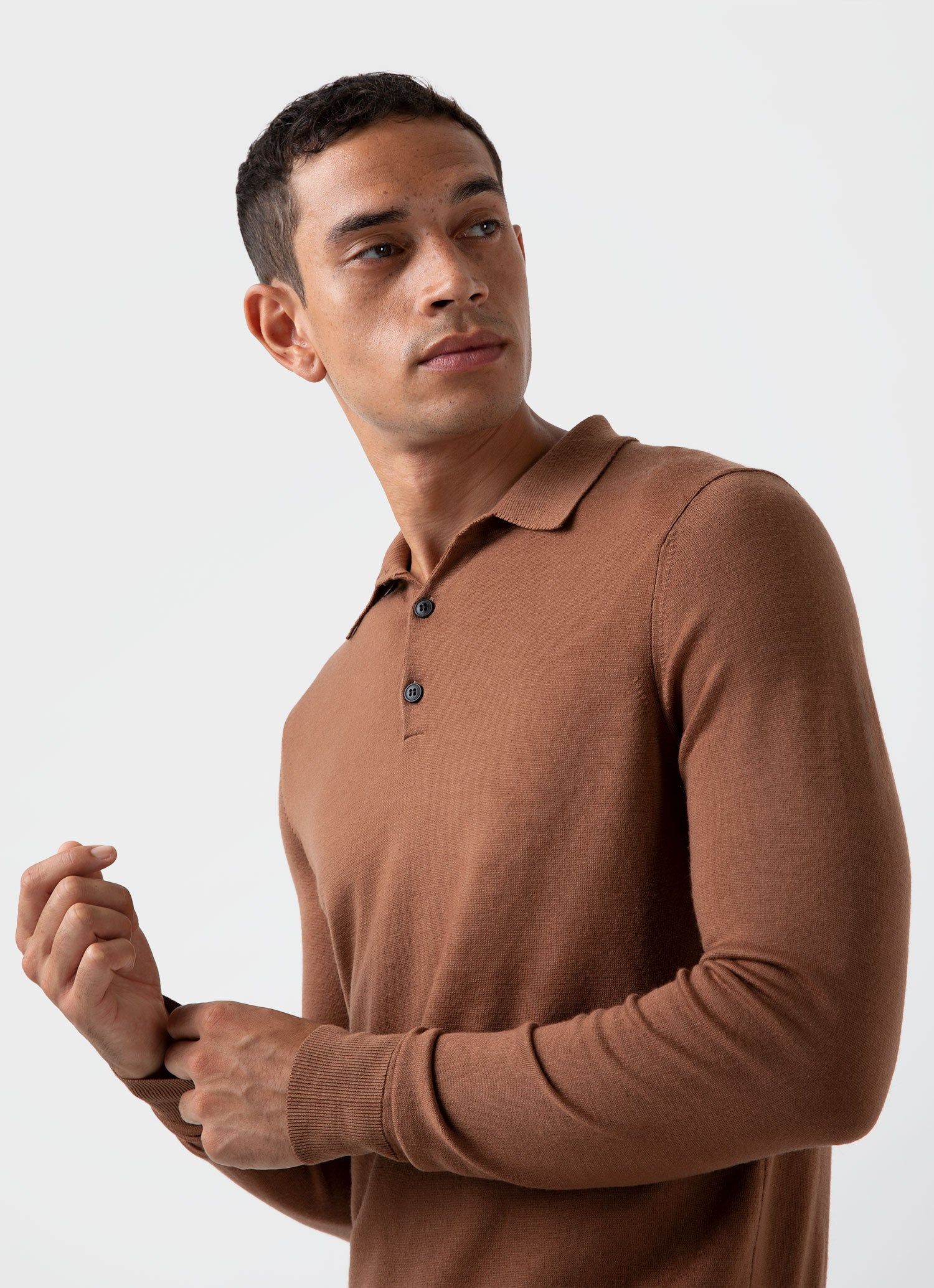 Men's Extra-Fine Merino Polo Shirt in Pecan sold by Sunspel product image thumbnail 5