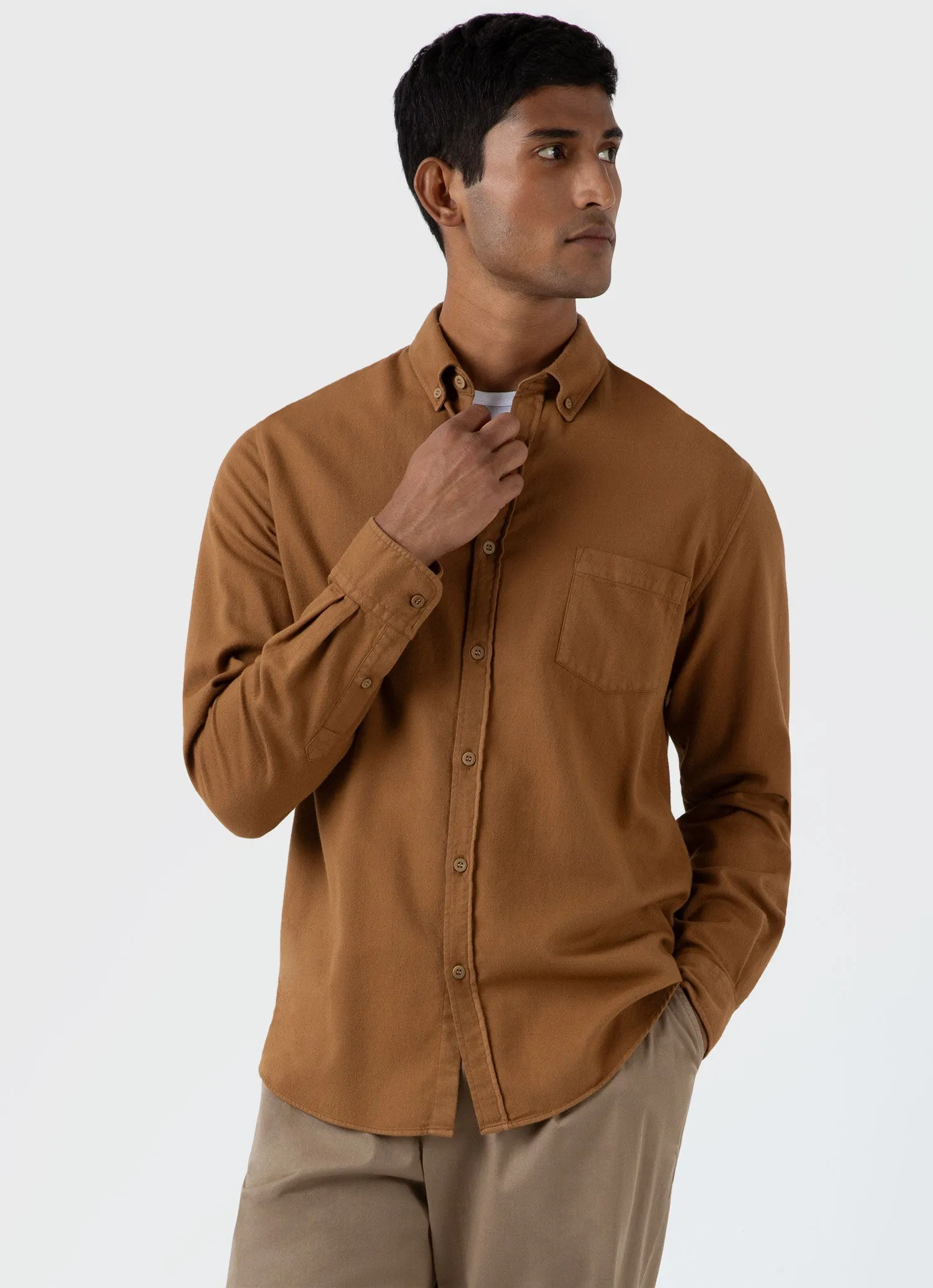 Men's Button Down Flannel Shirt in Dark Camel sold by Sunspel product image thumbnail 2