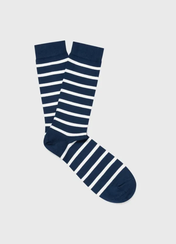 Men's Cotton Socks in Coast/Ecru Breton Stripe sold by Sunspel