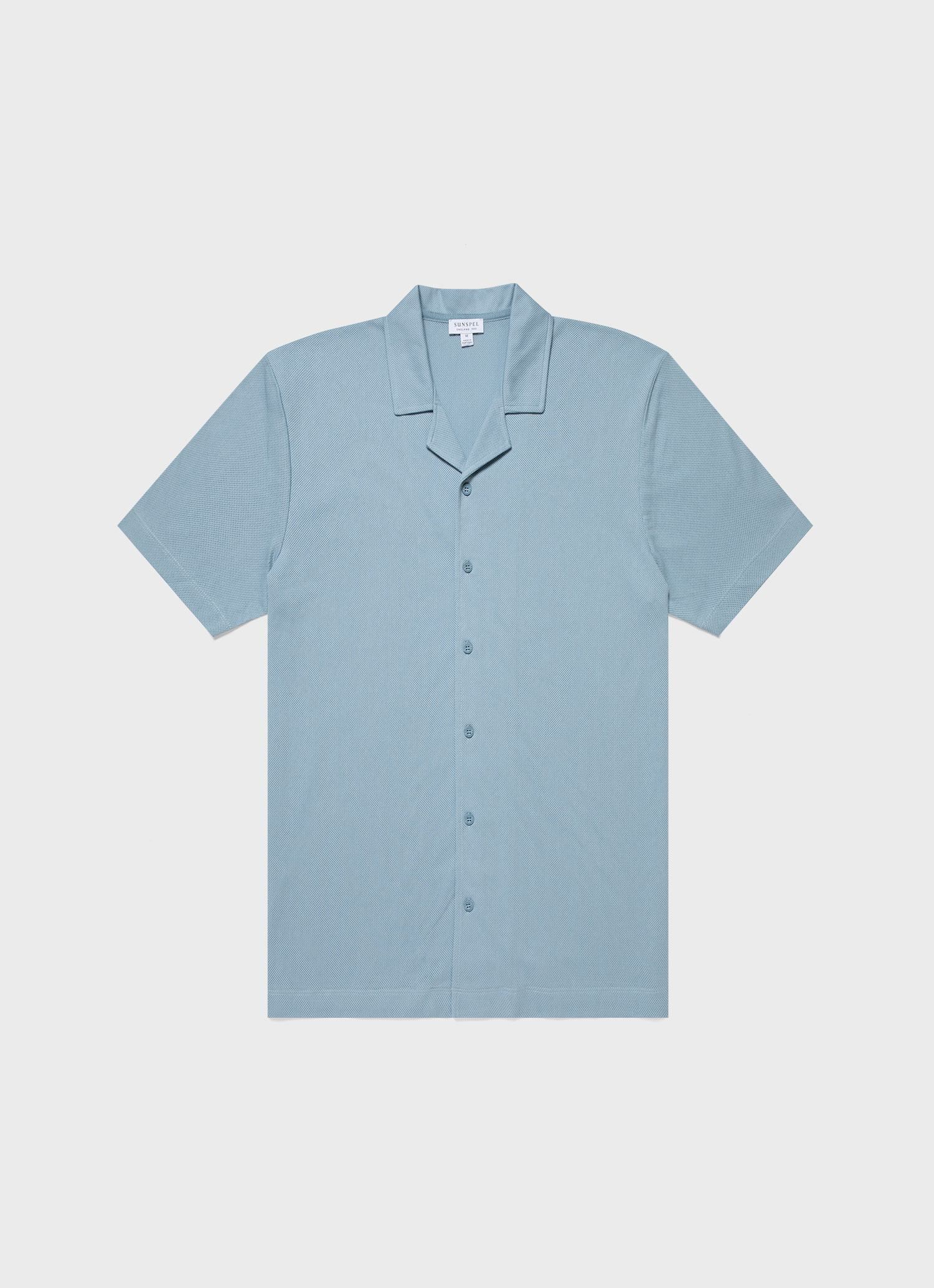 Men's Riviera Camp Collar Shirt in Blue Mist sold by Sunspel