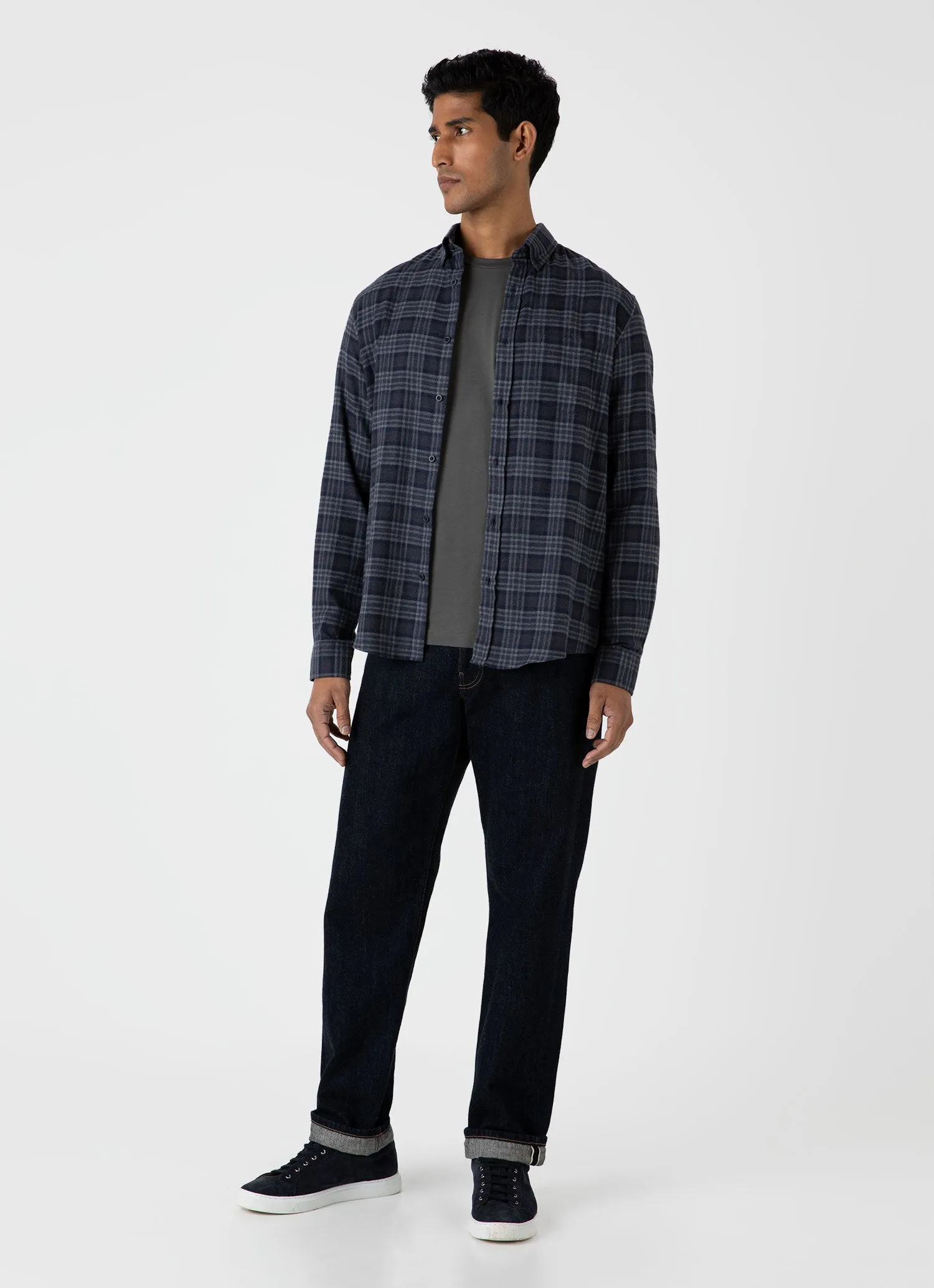 Men's Button Down Flannel Shirt in Navy Check sold by Sunspel product image thumbnail 3