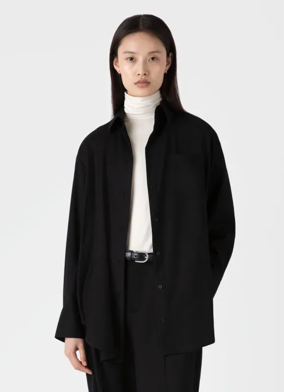 Women's Oversized Wool Flannel Shirt in Black sold by Sunspel