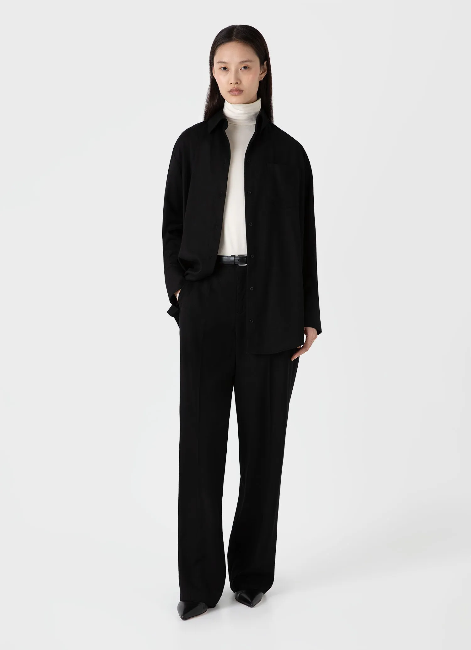 Women's Oversized Wool Flannel Shirt in Black sold by Sunspel product image thumbnail 2