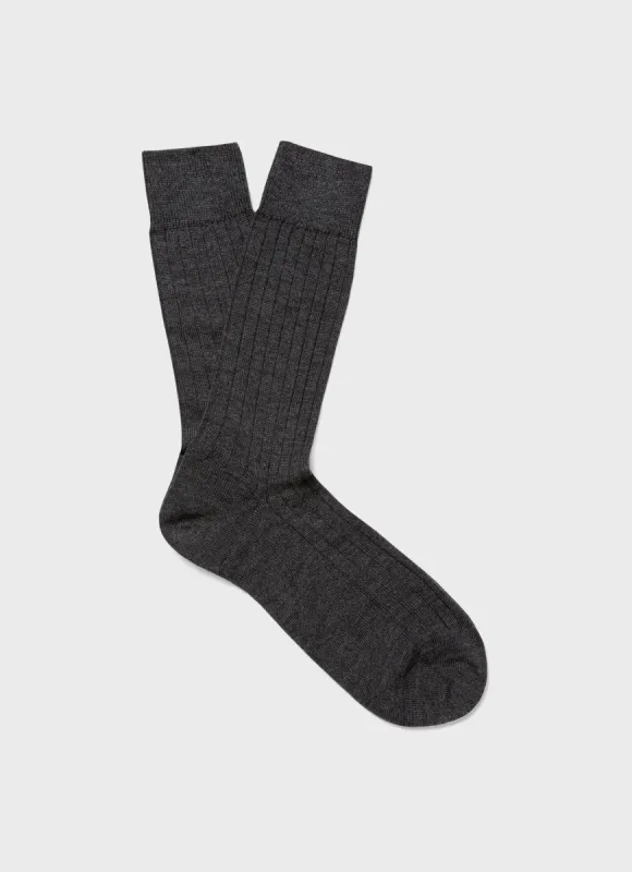 Men's Merino Wool Rib Socks in Charcoal Melange sold by Sunspel