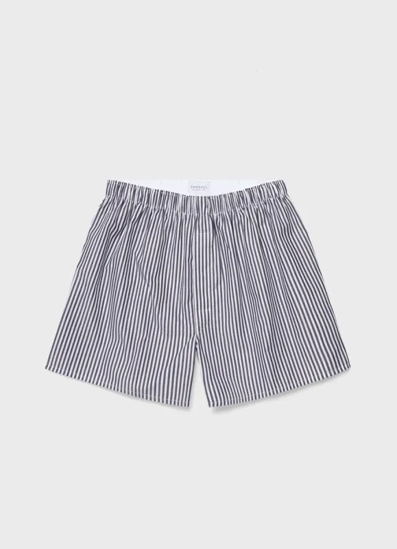 Men's Classic Boxer Shorts in White/Navy Stripe sold by Sunspel