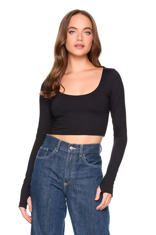 scoop front long sleeve top with thumbholes sold by Susana Monaco
