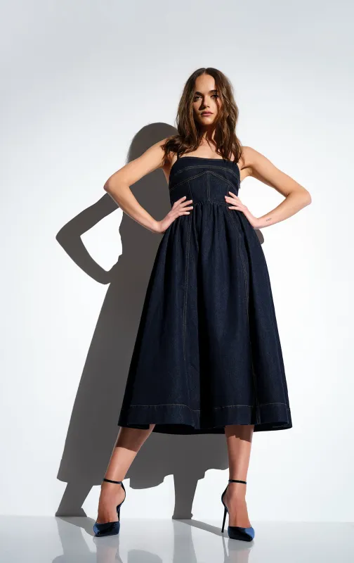 denim corset midi dress sold by Susana Monaco