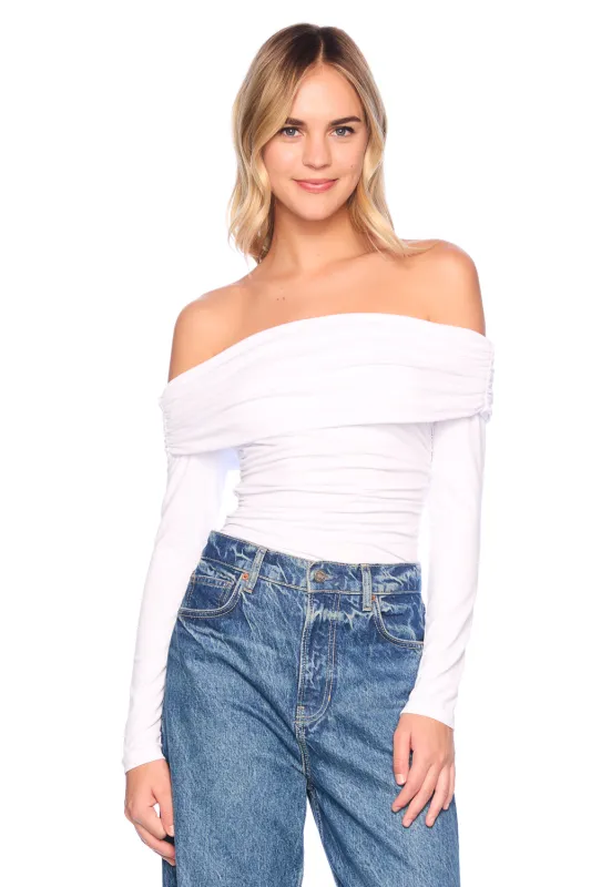 off the shoulder gathered top made by Susana Monaco