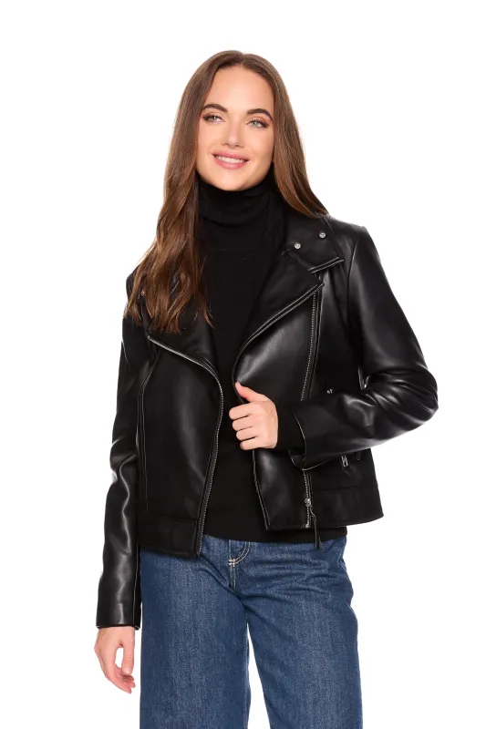 faux leather moto jacket black sold by Susana Monaco