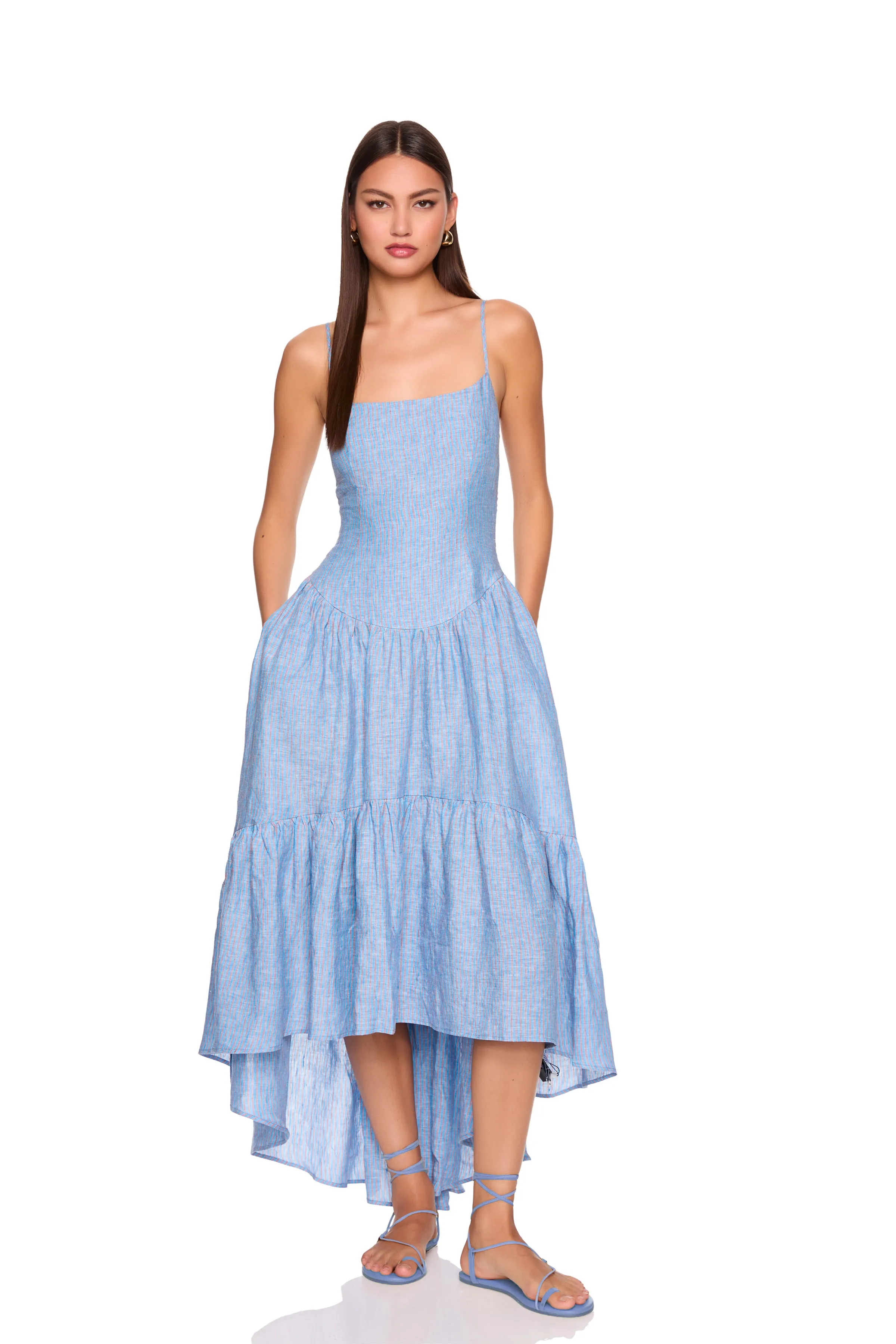 stripe linen string high low dress sold by Susana Monaco product image thumbnail 4