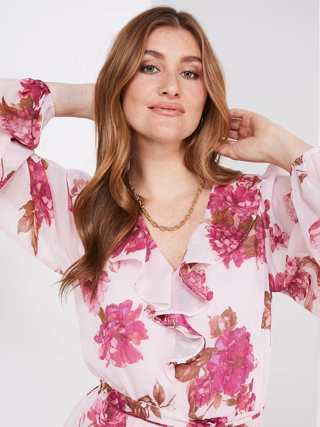 Floral Print Chiffon Ruffle V-Neck Maxi Dress sold by Suzy Shier product image thumbnail 2