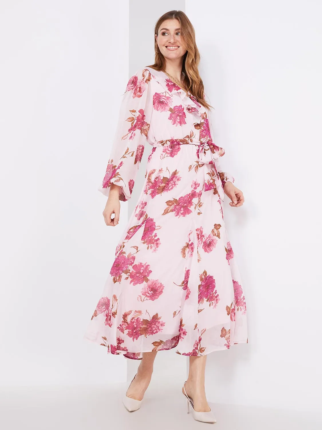 Floral Print Chiffon Ruffle V-Neck Maxi Dress sold by Suzy Shier product image thumbnail 3
