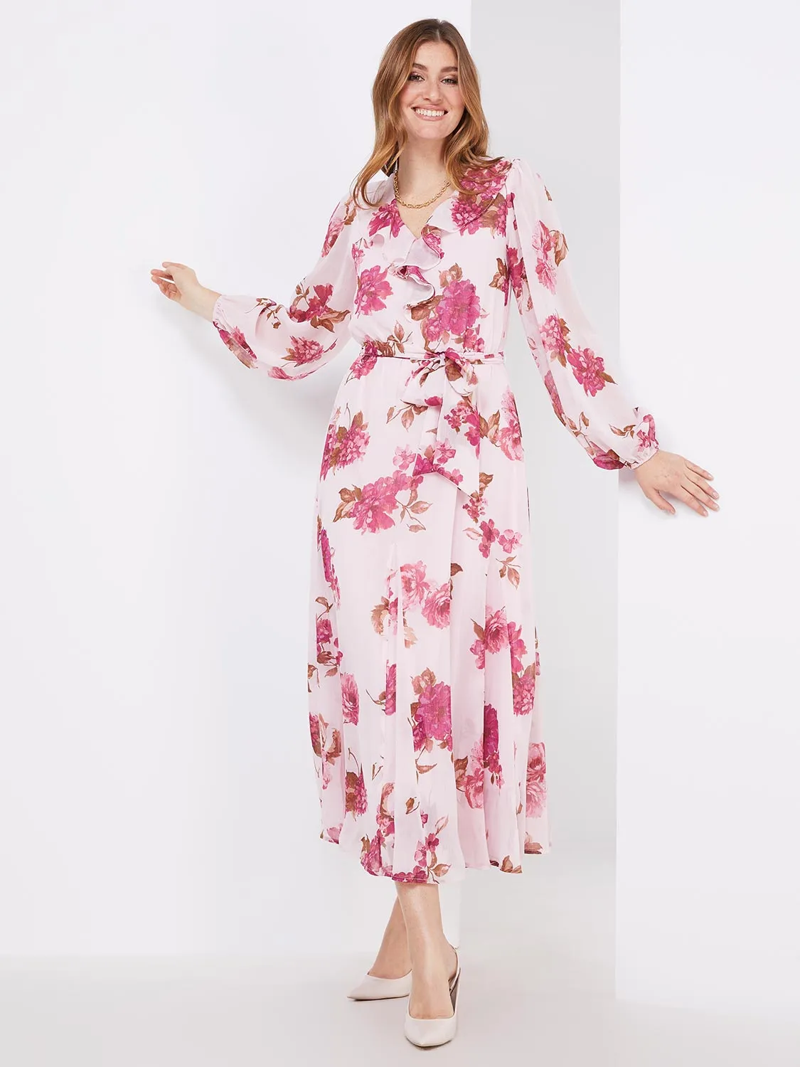Floral Print Chiffon Ruffle V-Neck Maxi Dress sold by Suzy Shier