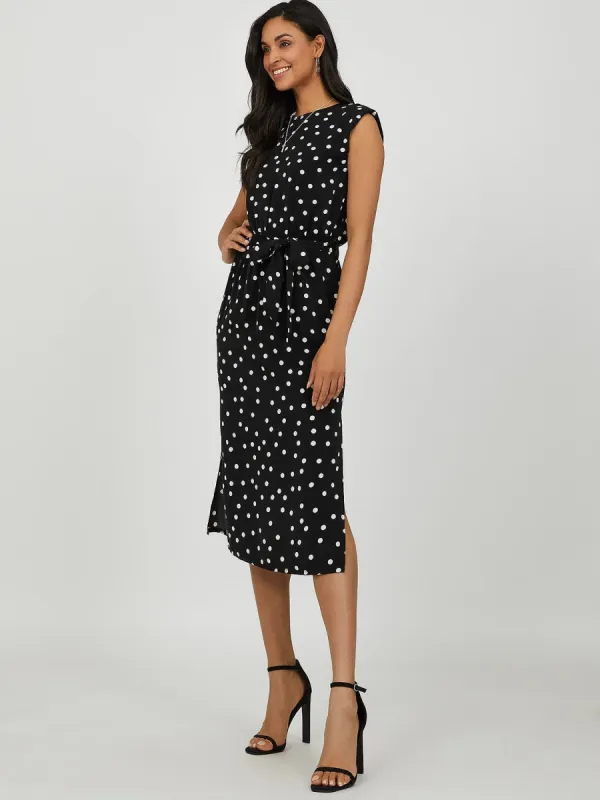 Padded Shoulder Polka Dot Midi Dress sold by Suzy Shier