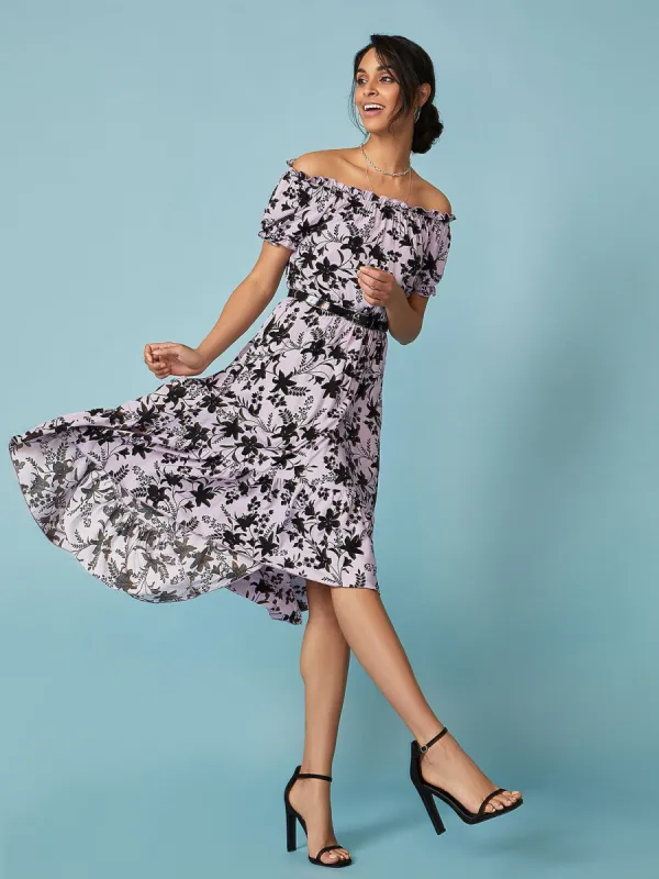 Floral Off-The-Shoulder High-Low Dress sold by Suzy Shier