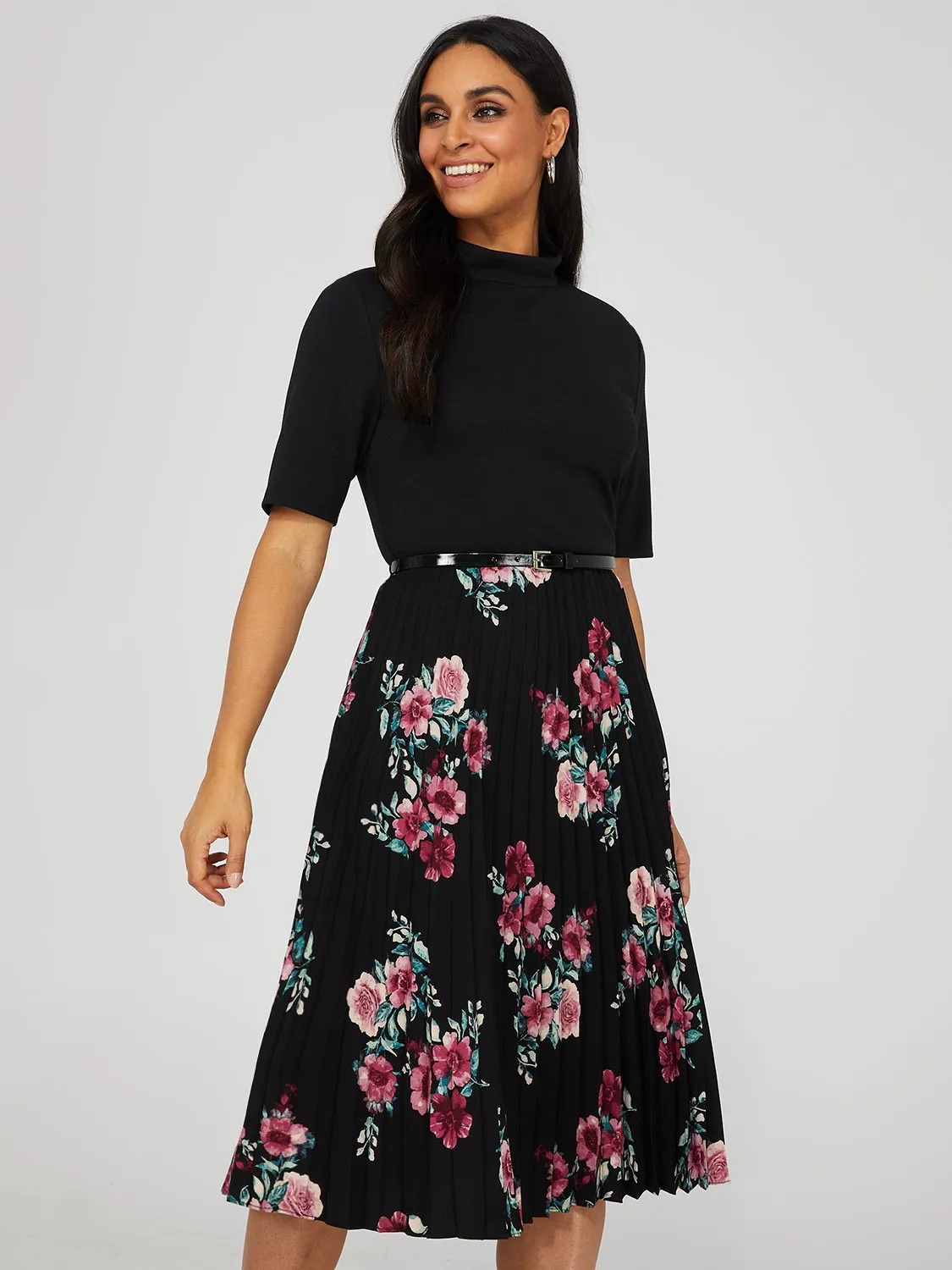 Mock Neck Midi Dress With Floral Print Pleated Skirt sold by Suzy Shier product image thumbnail 3