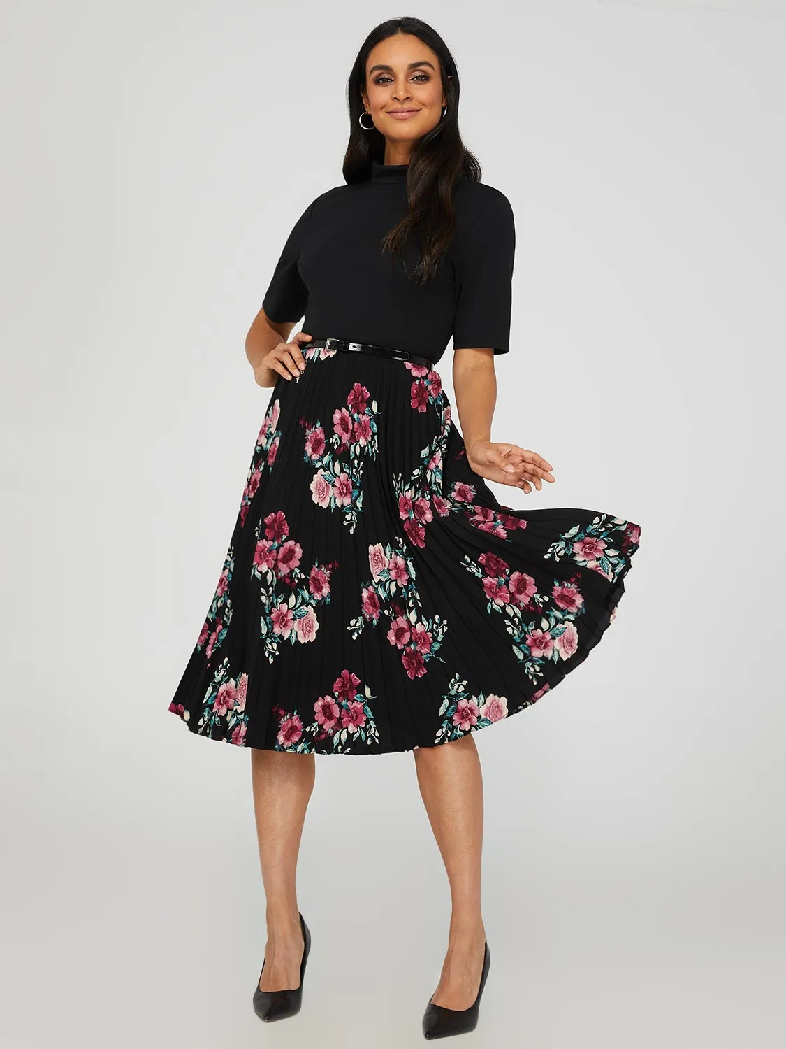 Mock Neck Midi Dress With Floral Print Pleated Skirt sold by Suzy Shier product image thumbnail 2