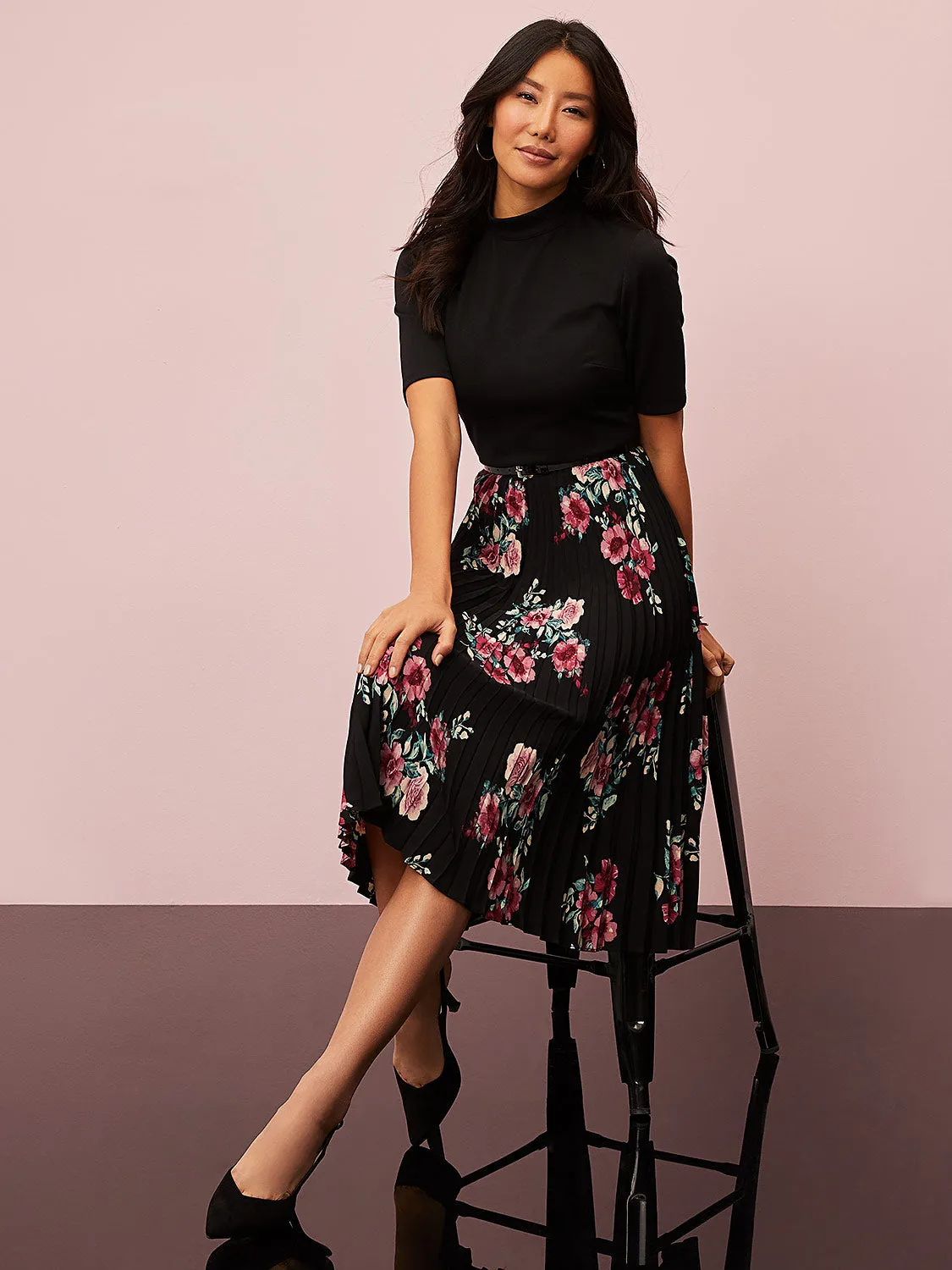 Mock Neck Midi Dress With Floral Print Pleated Skirt sold by Suzy Shier