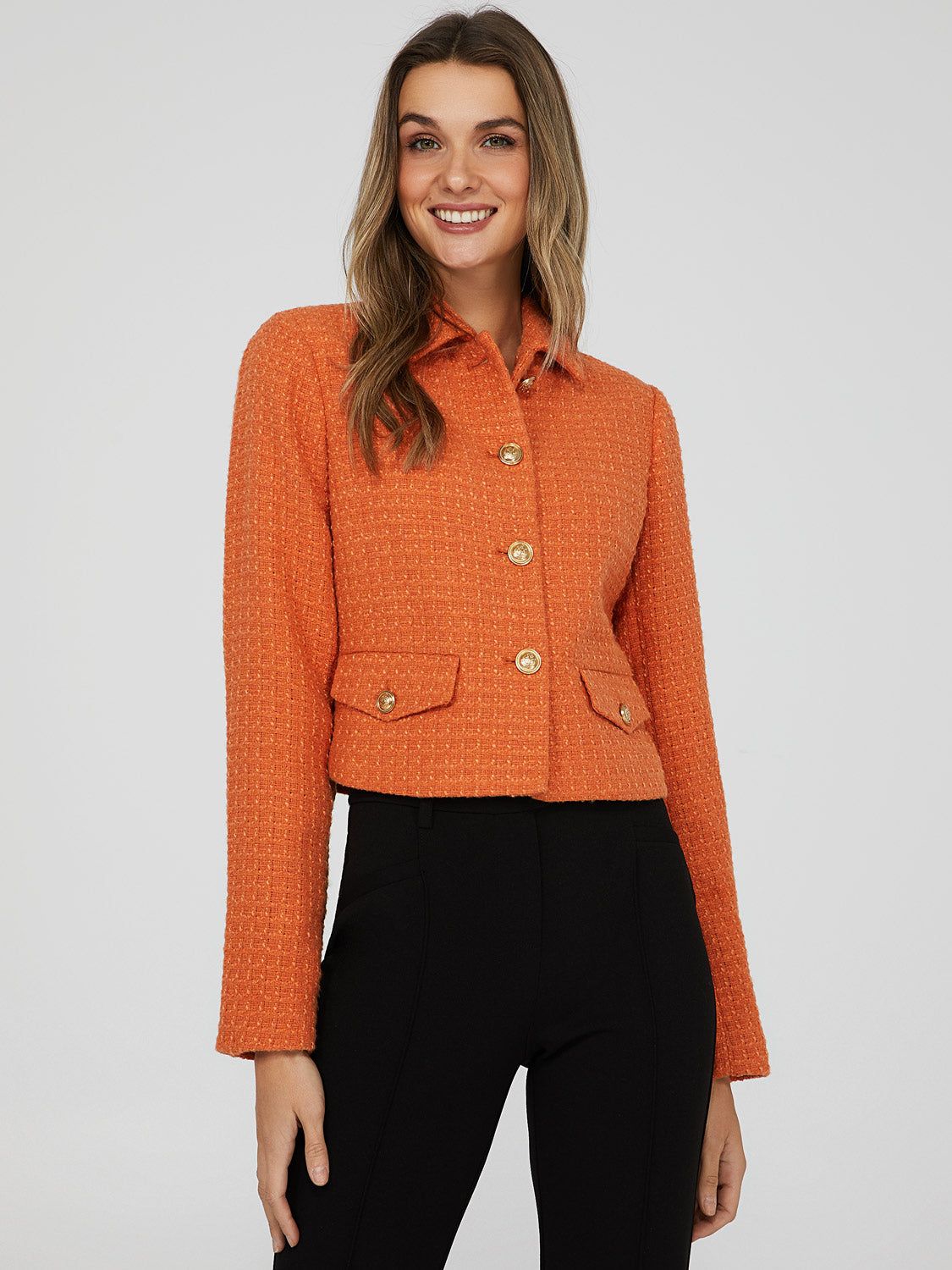 Cropped Boucle Blazer With Gold Buttons sold by Suzy Shier