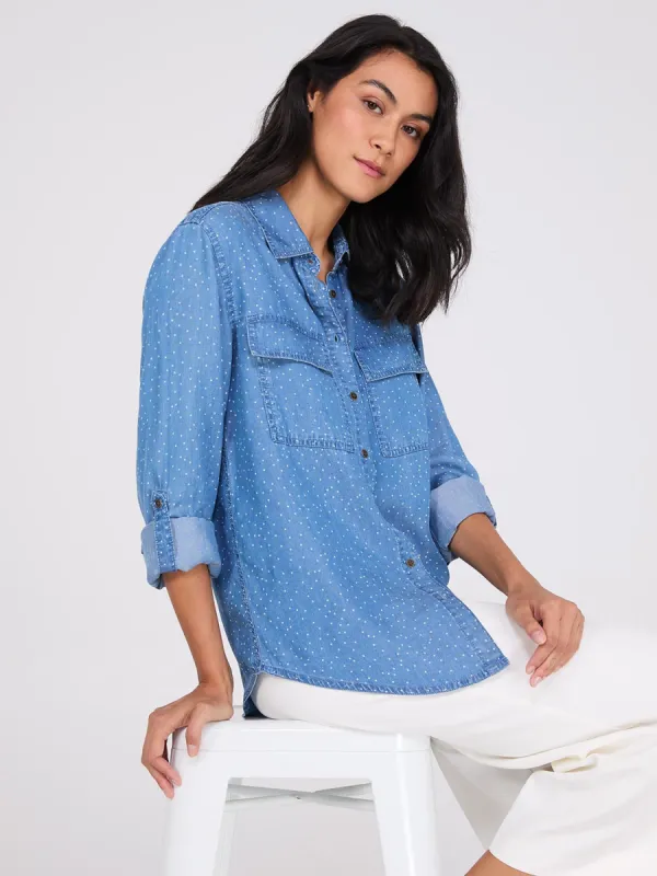 Dot Print Button-Front Tencel Blouse sold by Suzy Shier