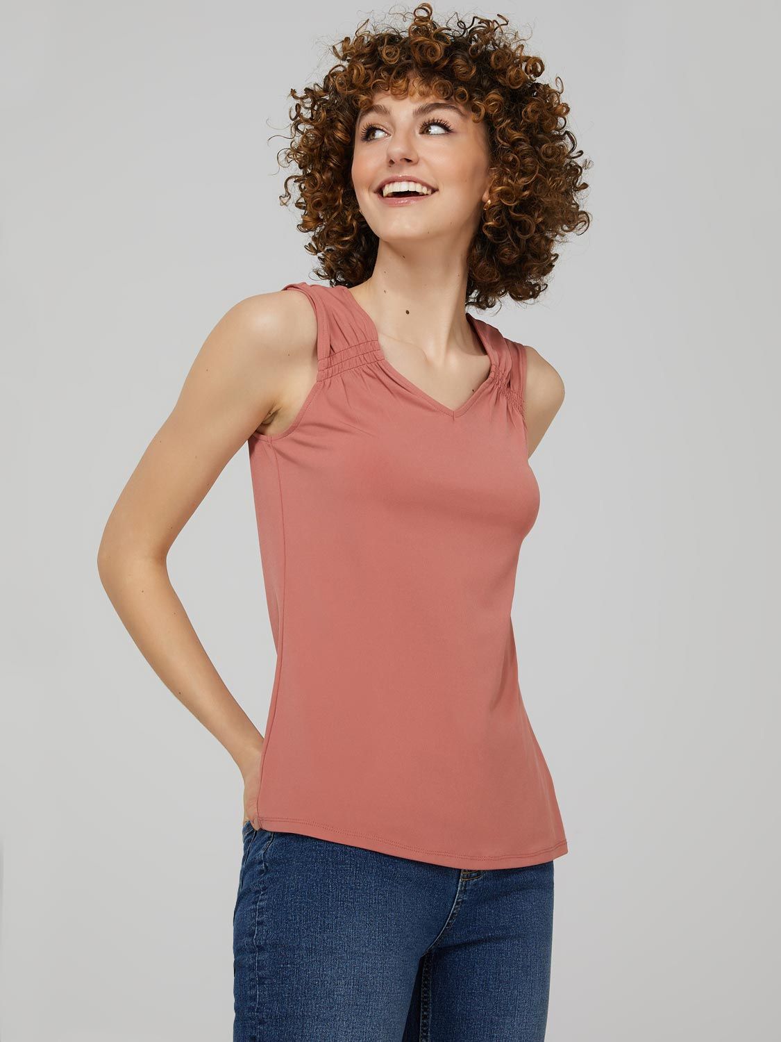 Sleeveless V-Neck Top With Smocked Detail sold by Suzy Shier