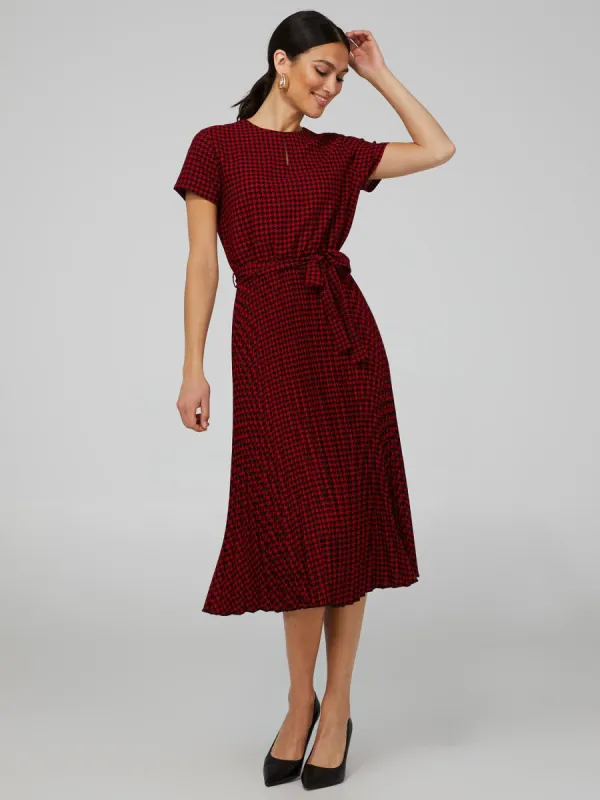 Houndstooth Short Sleeve Midi Dress With Pleated Skirt sold by Suzy Shier