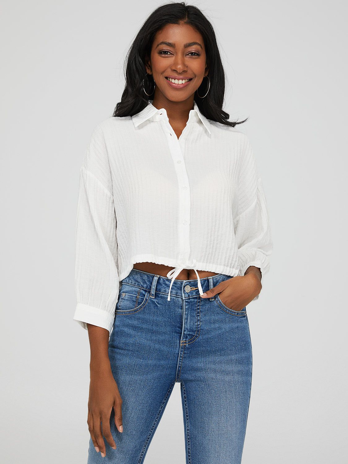 3/4 Sleeve Cropped Drawstring Blouse sold by Suzy Shier