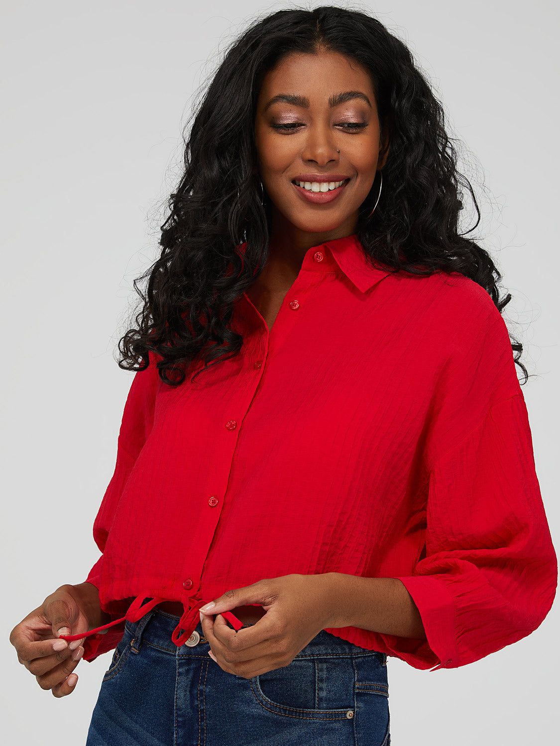 3/4 Sleeve Cropped Drawstring Blouse sold by Suzy Shier product image thumbnail 5