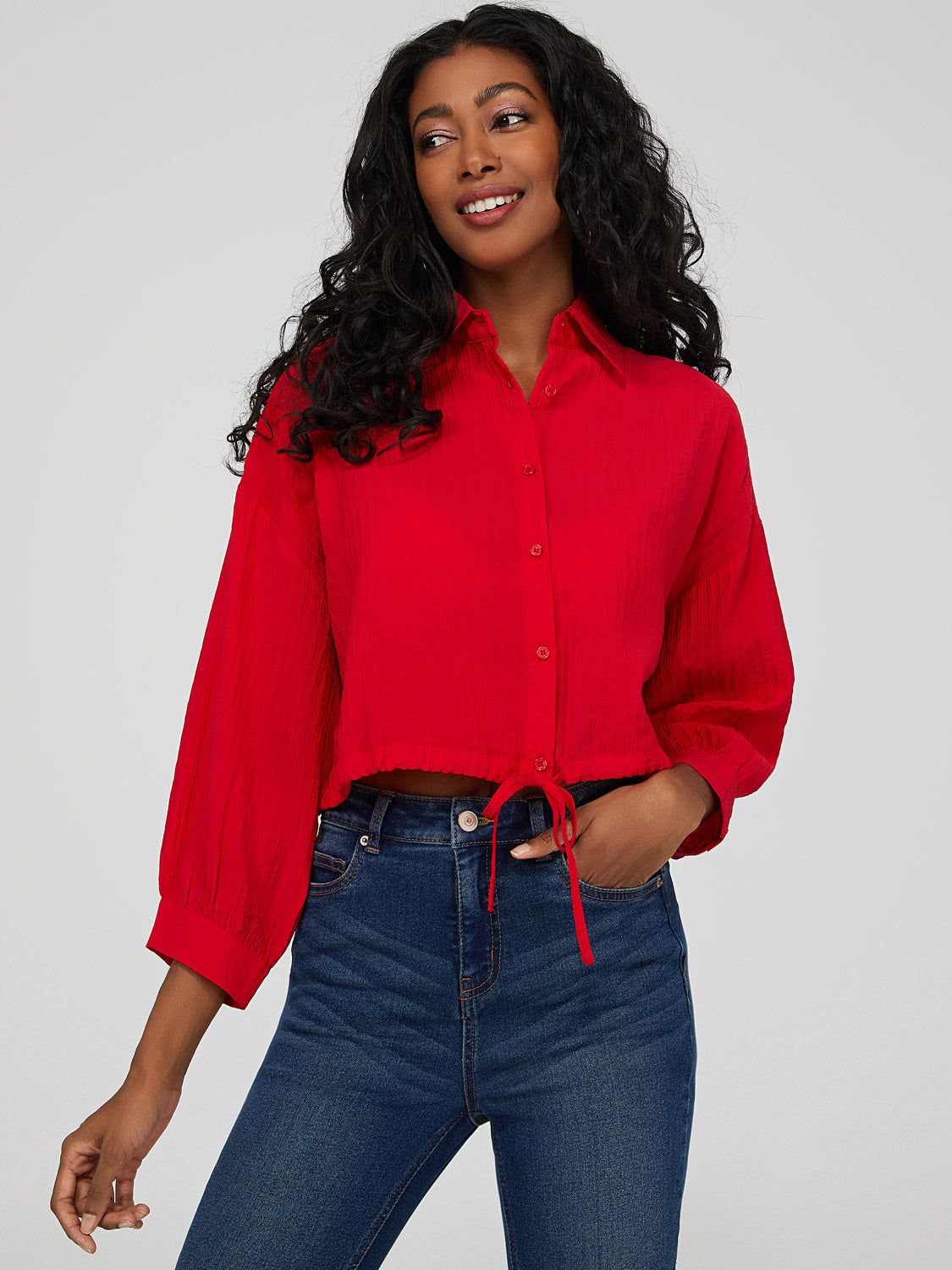 3/4 Sleeve Cropped Drawstring Blouse sold by Suzy Shier product image thumbnail 4