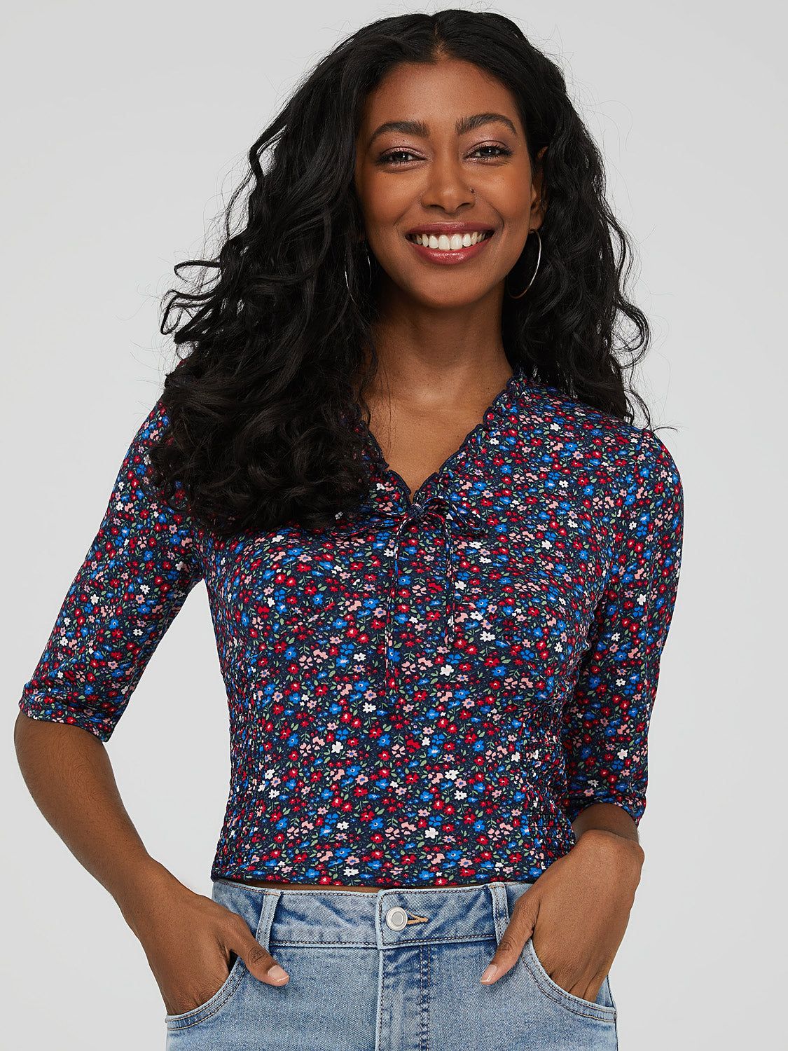 Cropped Floral Print Puff-Sleeve Top sold by Suzy Shier product image thumbnail 5