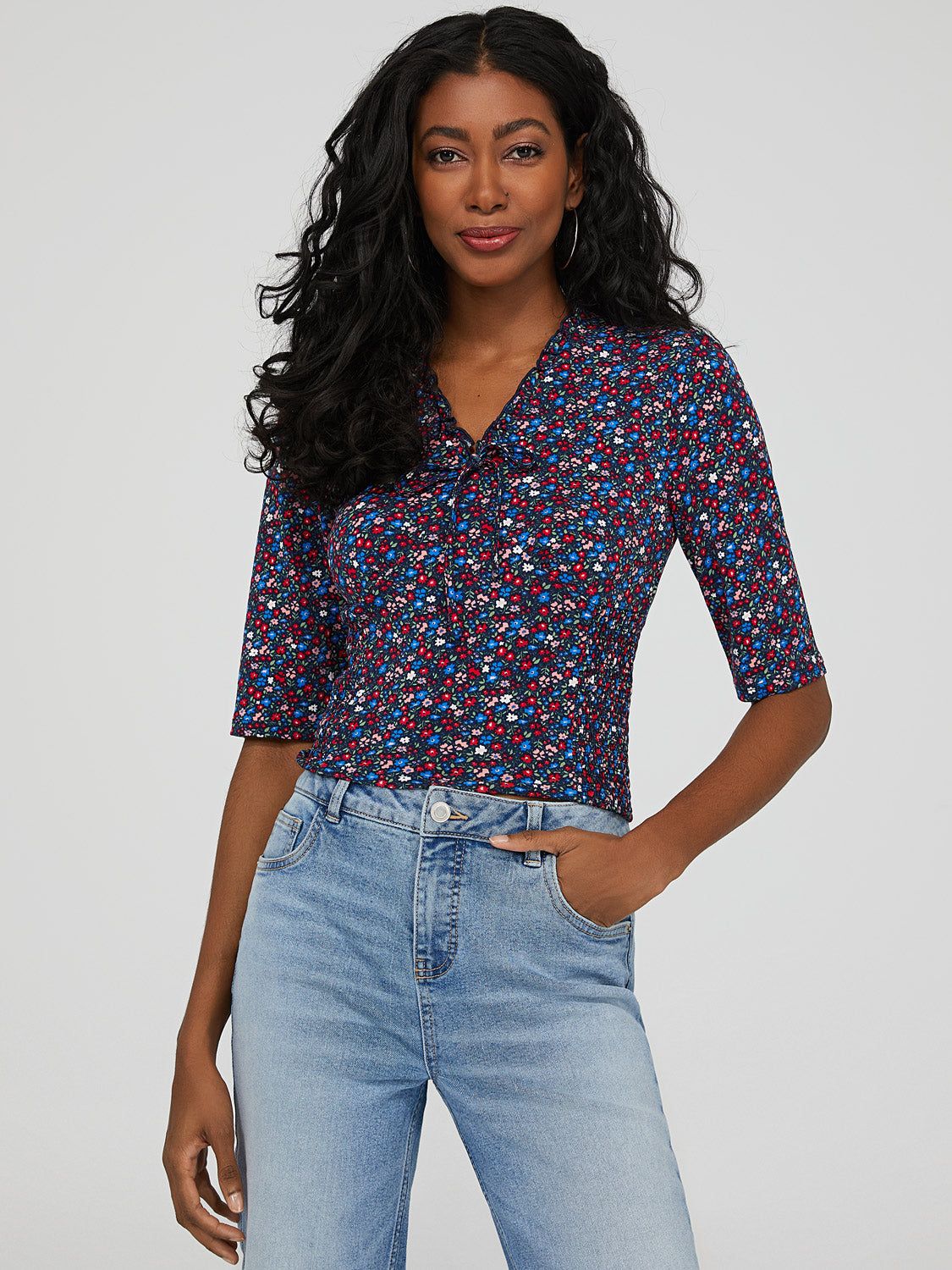 Cropped Floral Print Puff-Sleeve Top sold by Suzy Shier