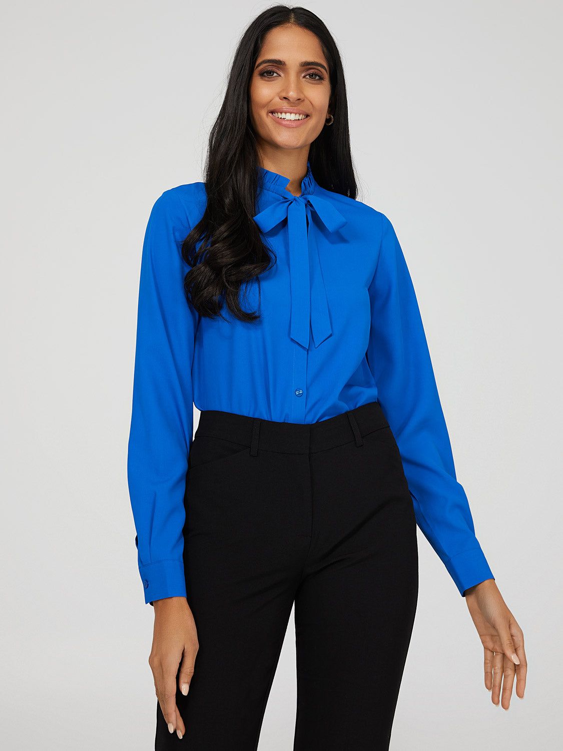 Ruffle Trim Tie Neck Blouse sold by Suzy Shier