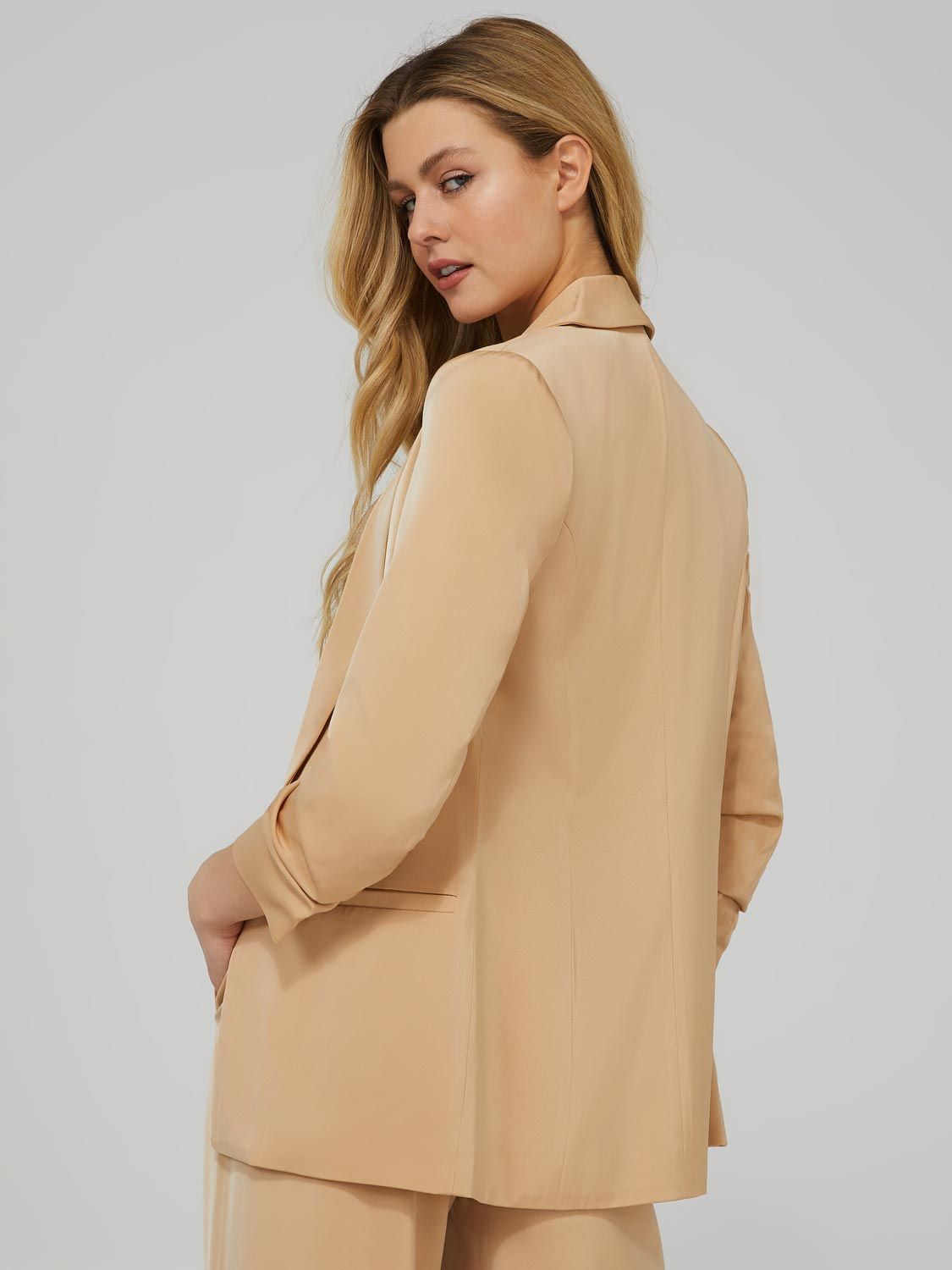 Open Front Satin Blazer With Ruched Sleeves sold by Suzy Shier product image thumbnail 5