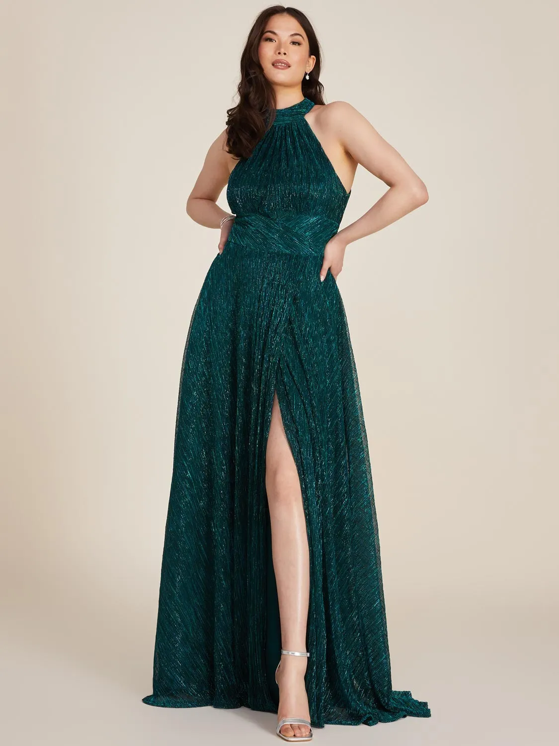 Halter Metallic Crinkle Knit Gown sold by Suzy Shier