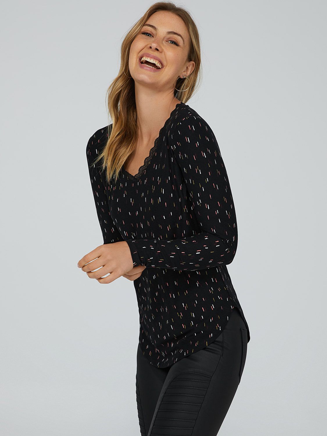 Printed Lace Trim V-Neck Top sold by Suzy Shier product image thumbnail 3