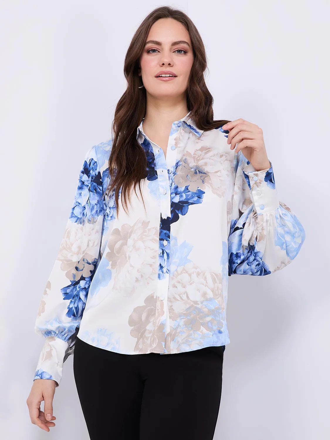 Floral Print Satin Button-Front Blouse sold by Suzy Shier product image thumbnail 4