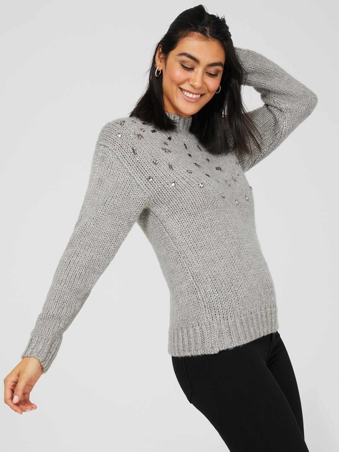Mock Neck Drop Shoulder Sweater With Jewel Details sold by Suzy Shier product image thumbnail 5