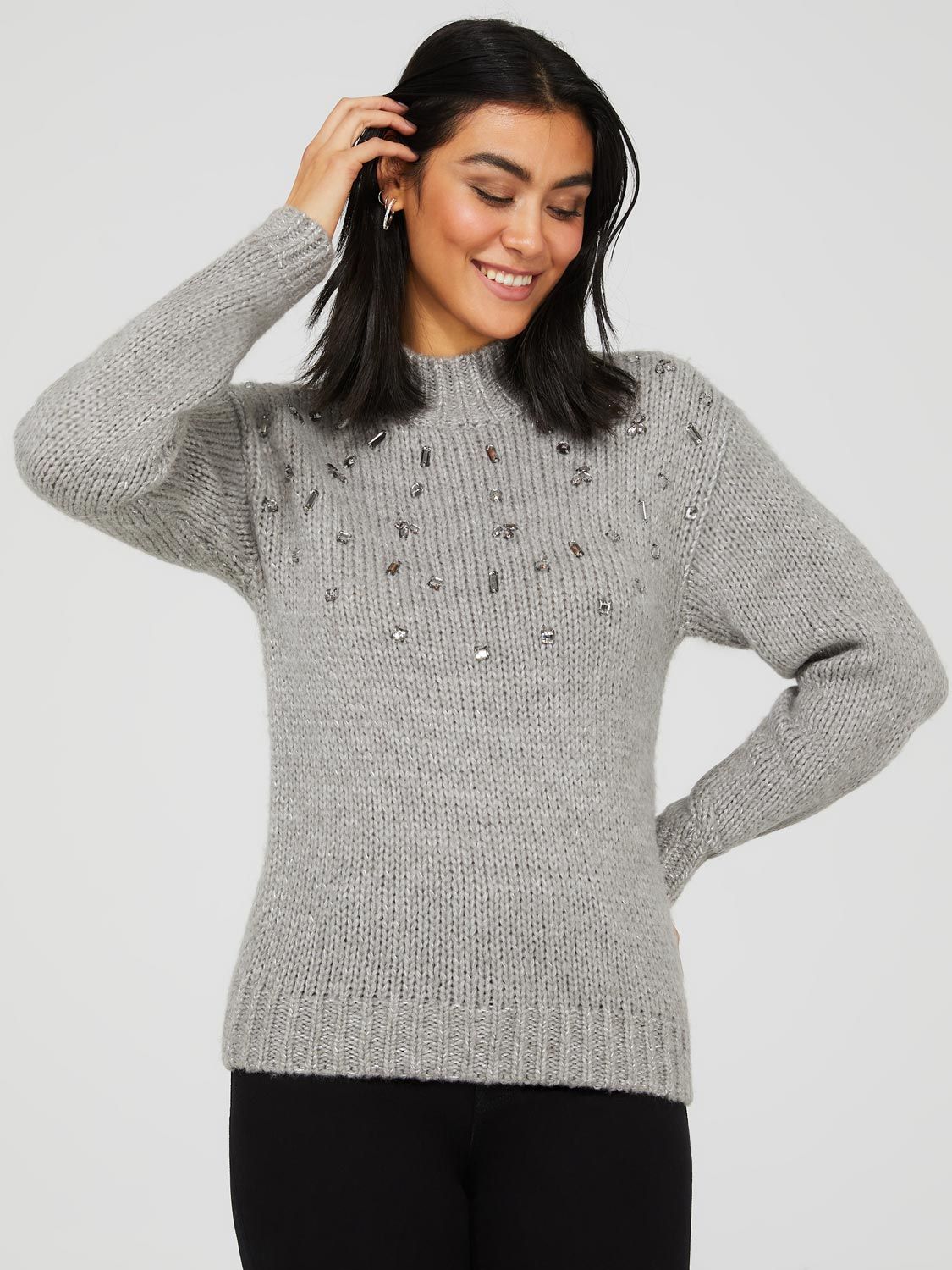 Mock Neck Drop Shoulder Sweater With Jewel Details sold by Suzy Shier product image thumbnail 4