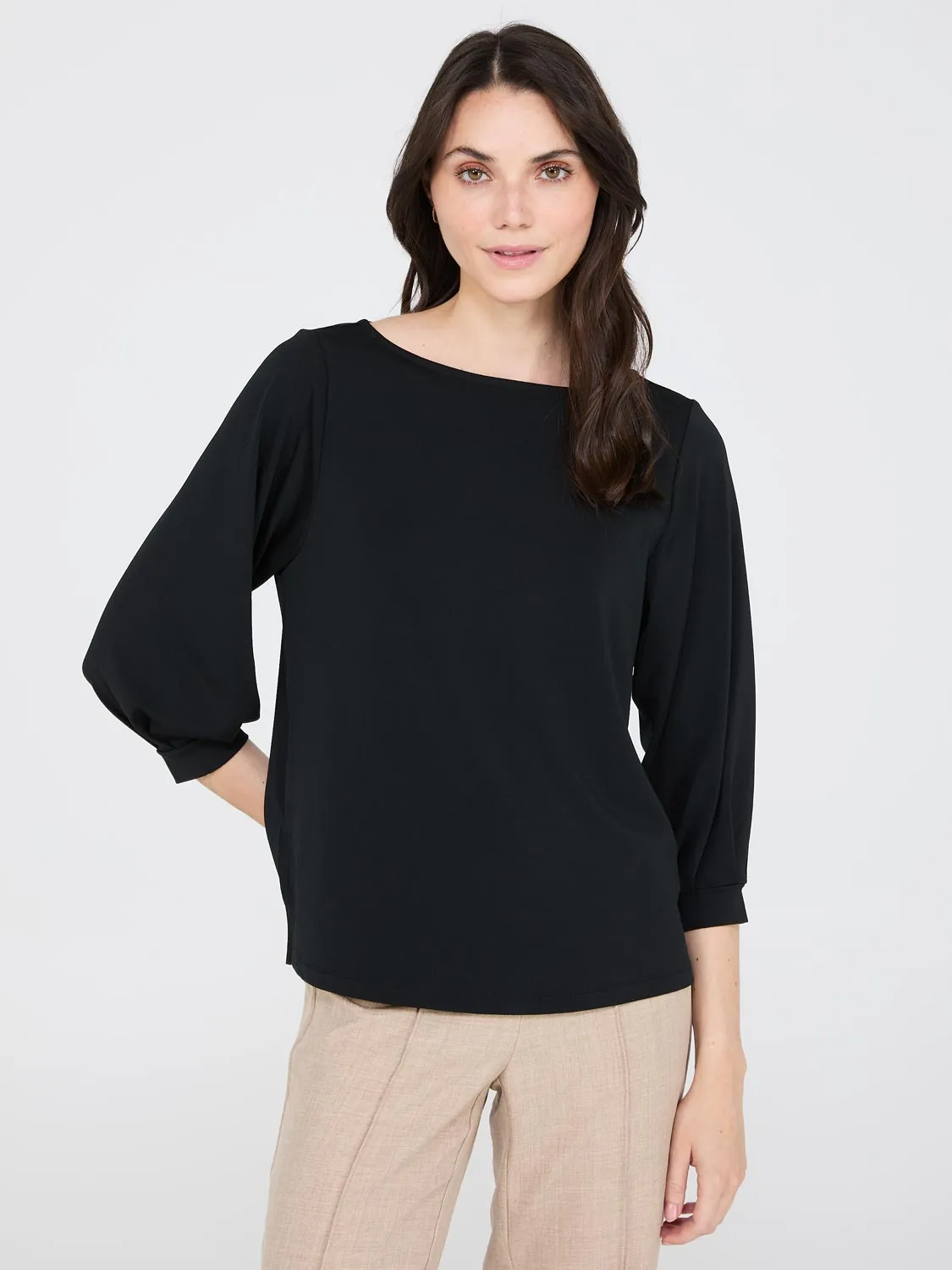 3/4 Pleated Sleeve Boat Neck Top sold by Suzy Shier