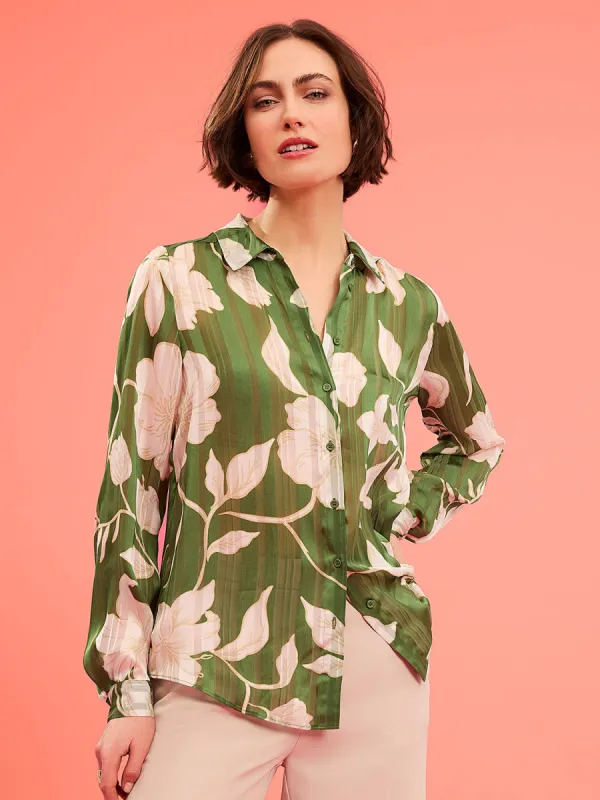 Printed Shadow Stripe Button-Front Blouse sold by Suzy Shier