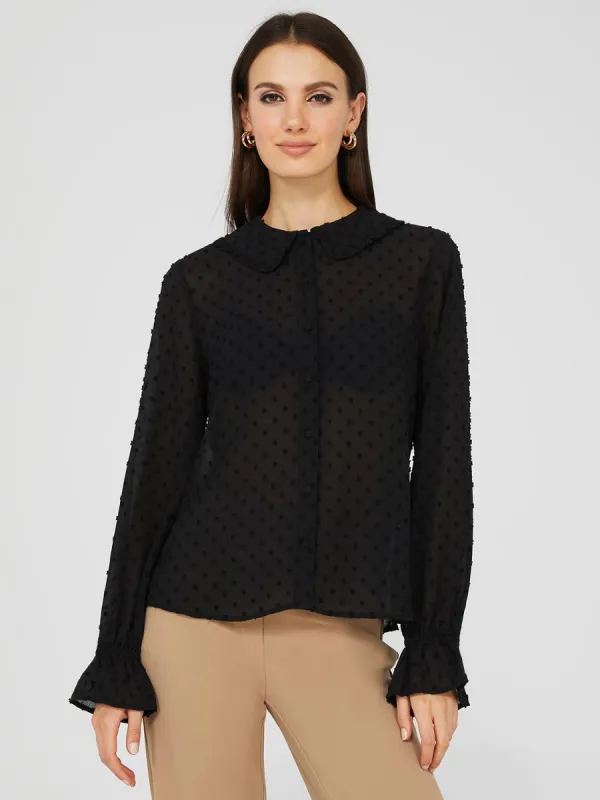 Textured Button-Front Ruffle Collar Blouse sold by Suzy Shier